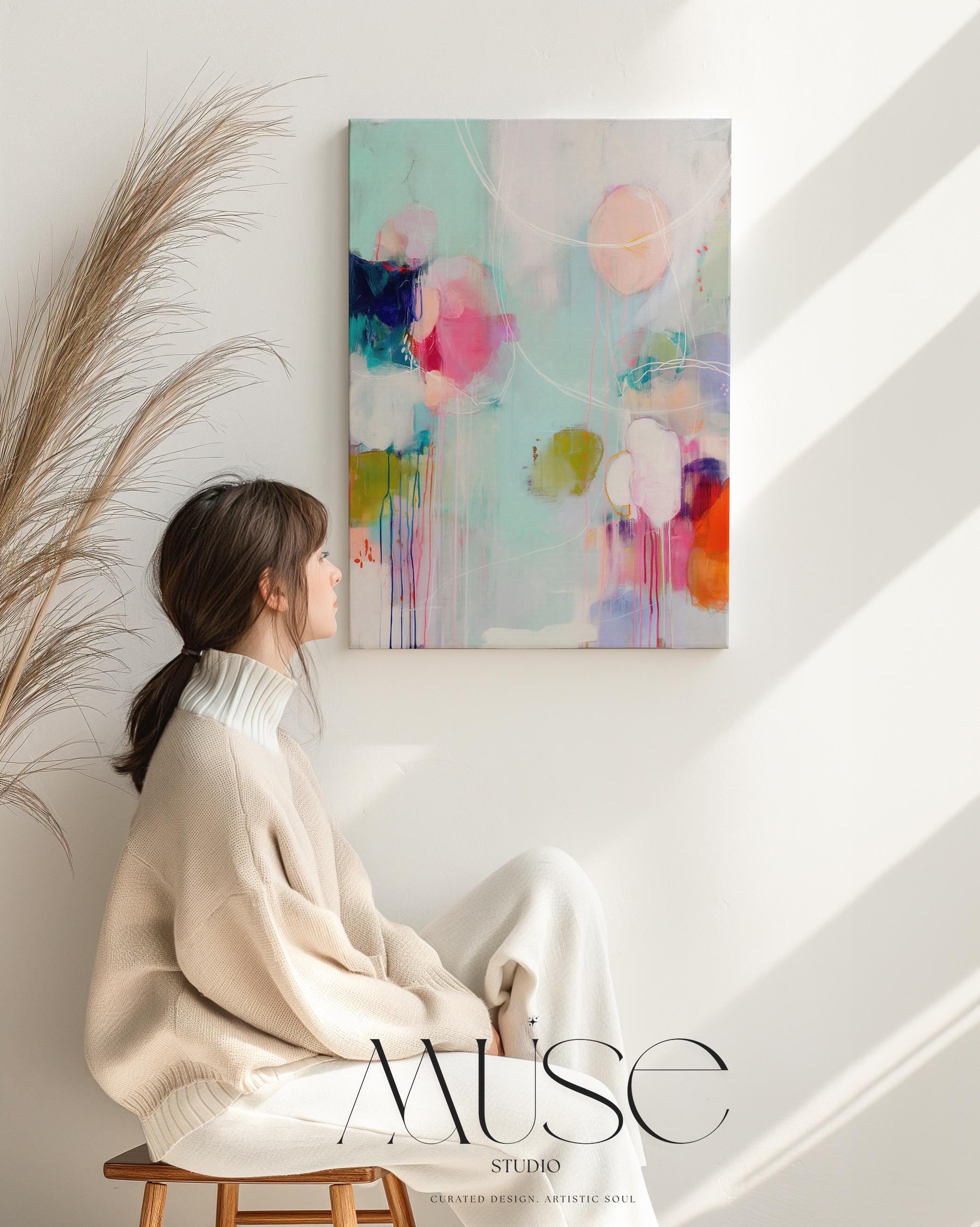 Vertical abstract giclée canvas in aqua, fuchsia, peach, and navy with circular and linear motion. Colorful and bold, perfect for eclectic living rooms, office decor, or vibrant entryways. Available as a fine art poster or canvas wall art for curated, color-forward decor.