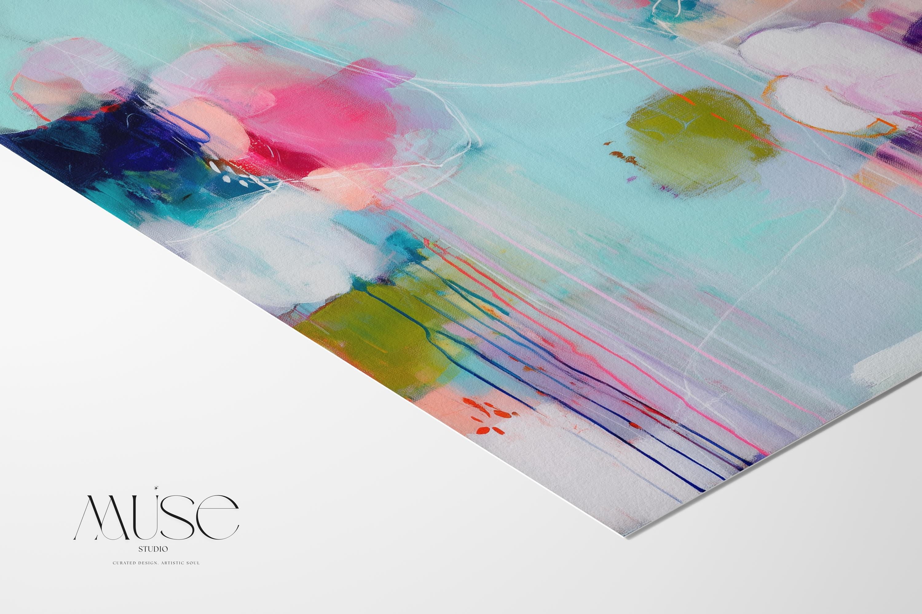Vertical abstract giclée canvas in aqua, fuchsia, peach, and navy with circular and linear motion. Colorful and bold, perfect for eclectic living rooms, office decor, or vibrant entryways. Available as a fine art poster or canvas wall art for curated, color-forward decor.