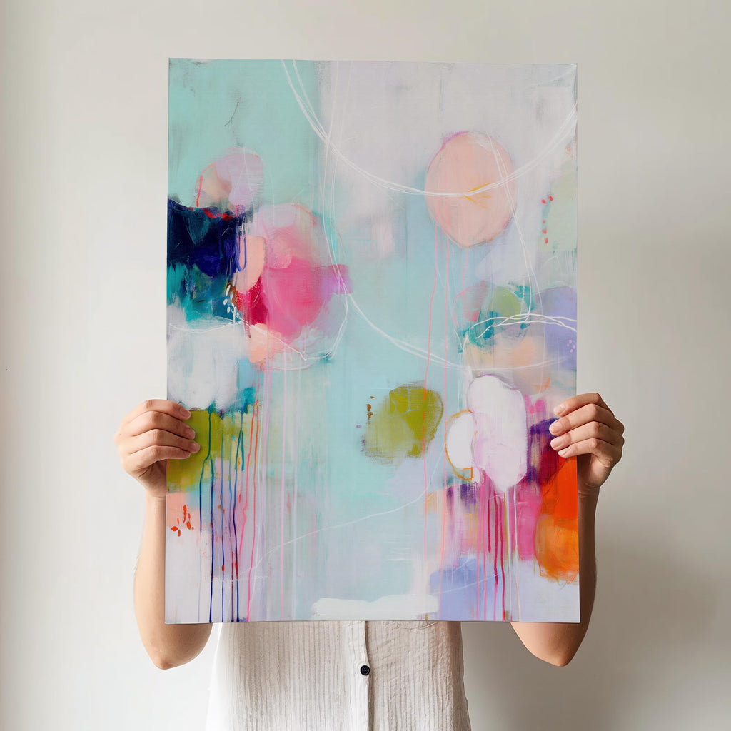 Vertical abstract giclée canvas in aqua, fuchsia, peach, and navy with circular and linear motion. Colorful and bold, perfect for eclectic living rooms, office decor, or vibrant entryways. Available as a fine art poster or canvas wall art for curated, color-forward decor.