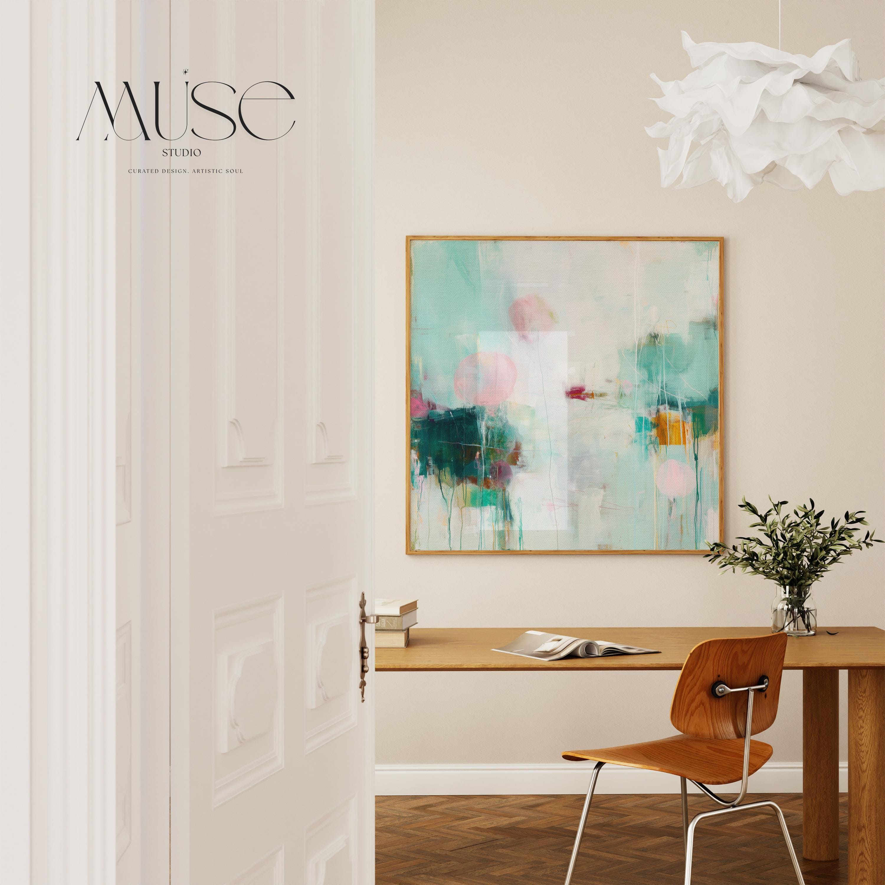 Square giclée fine art poster featuring soft aqua, blush pink, and sage tones with abstract shapes and light textures. A peaceful, pastel artwork perfect for nursery walls, spa-inspired bedrooms, or minimalist interiors. Available as a fine art poster or canvas wall art for curated, color-forward decor.