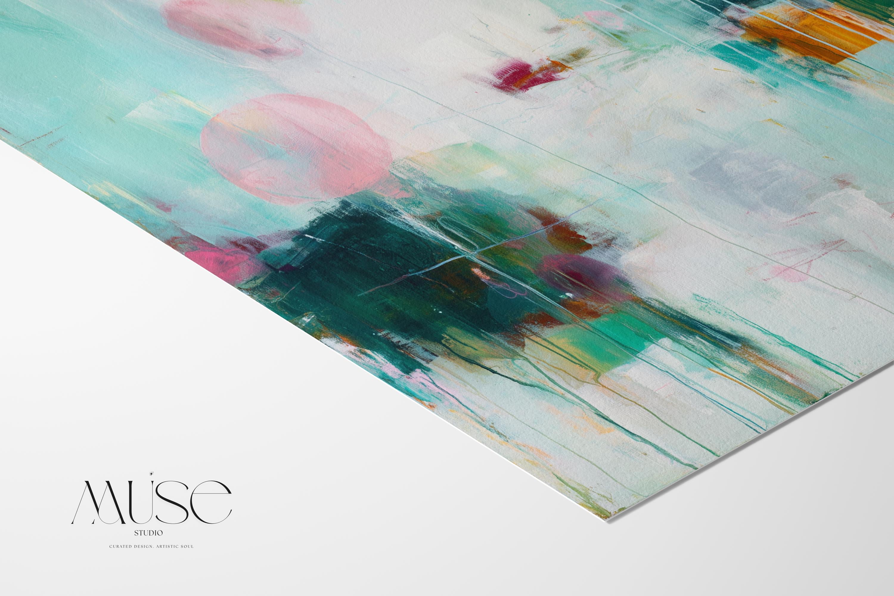 Square giclée fine art poster featuring soft aqua, blush pink, and sage tones with abstract shapes and light textures. A peaceful, pastel artwork perfect for nursery walls, spa-inspired bedrooms, or minimalist interiors. Available as a fine art poster or canvas wall art for curated, color-forward decor.