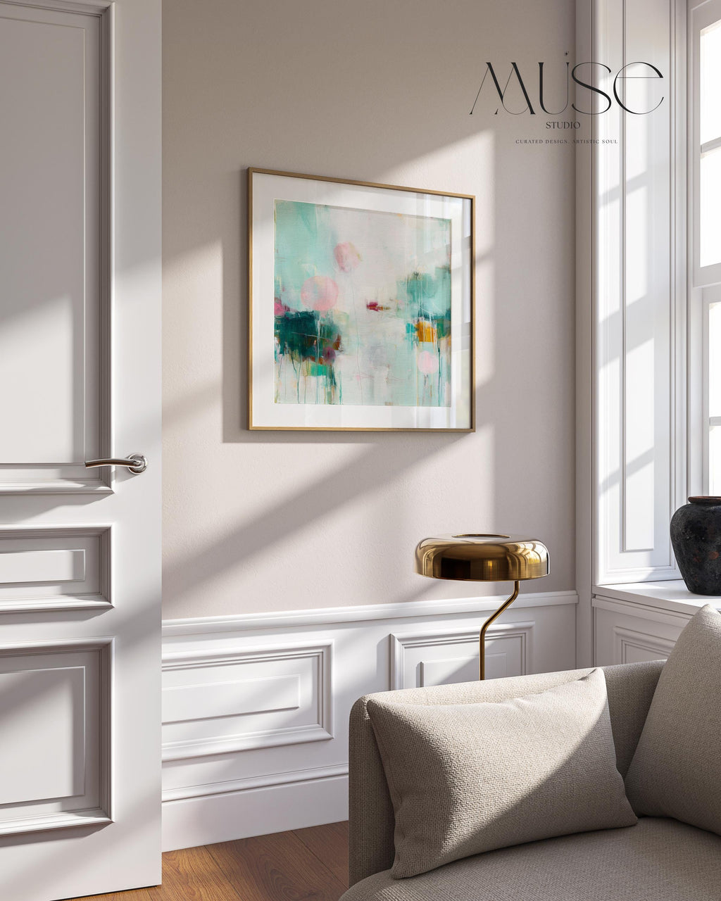 Square giclée fine art poster featuring soft aqua, blush pink, and sage tones with abstract shapes and light textures. A peaceful, pastel artwork perfect for nursery walls, spa-inspired bedrooms, or minimalist interiors. Available as a fine art poster or canvas wall art for curated, color-forward decor.