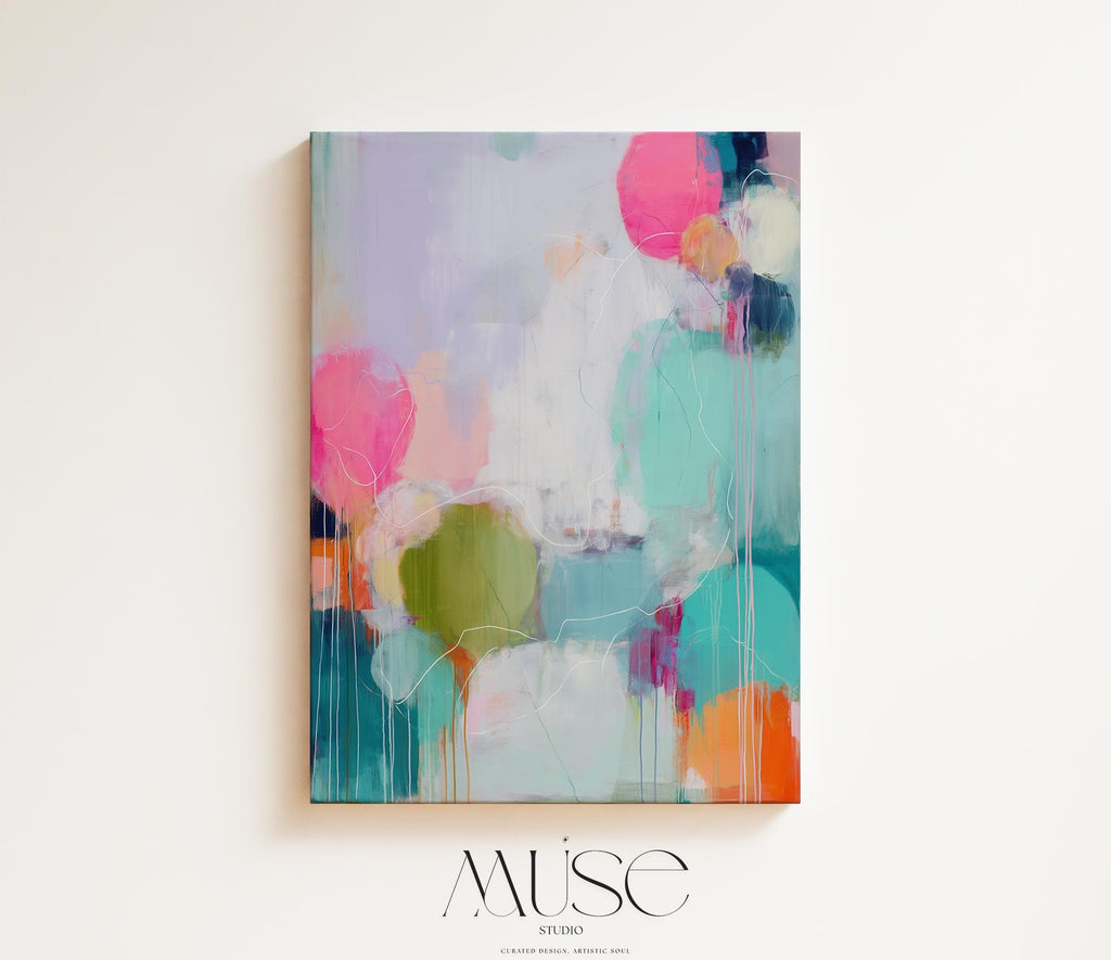Vertical abstract canvas artwork featuring soft lavender background with playful floating orb shapes in bubblegum pink, teal, olive green, and orange with delicate line work.