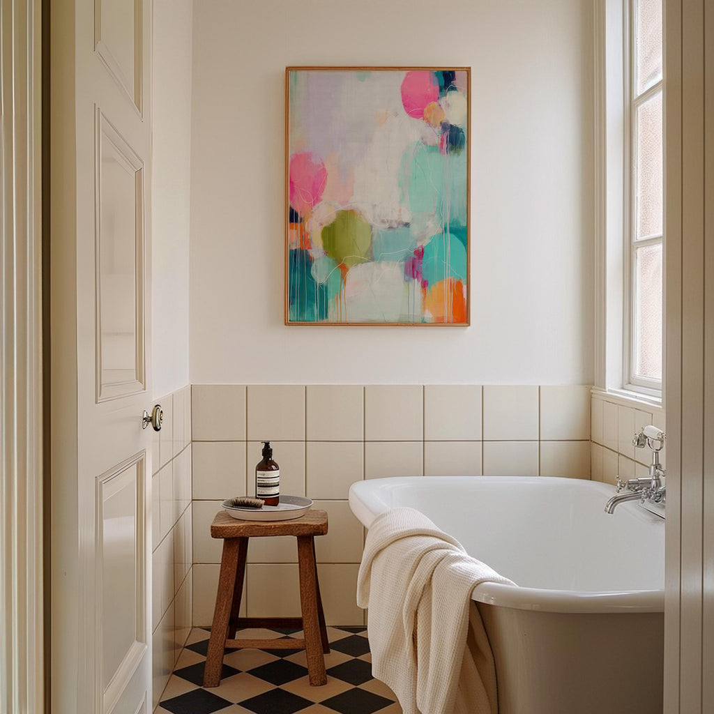 Vertical giclée poster print featuring colorful abstract forms in bright pink, citrus green, aqua blue, and lavender on a pale background. The energetic drips and layered shapes create a playful, modern composition. Ideal for bedroom, office, or bold hallway styling. Available as a fine art poster or canvas wall art for curated, color-forward decor.
