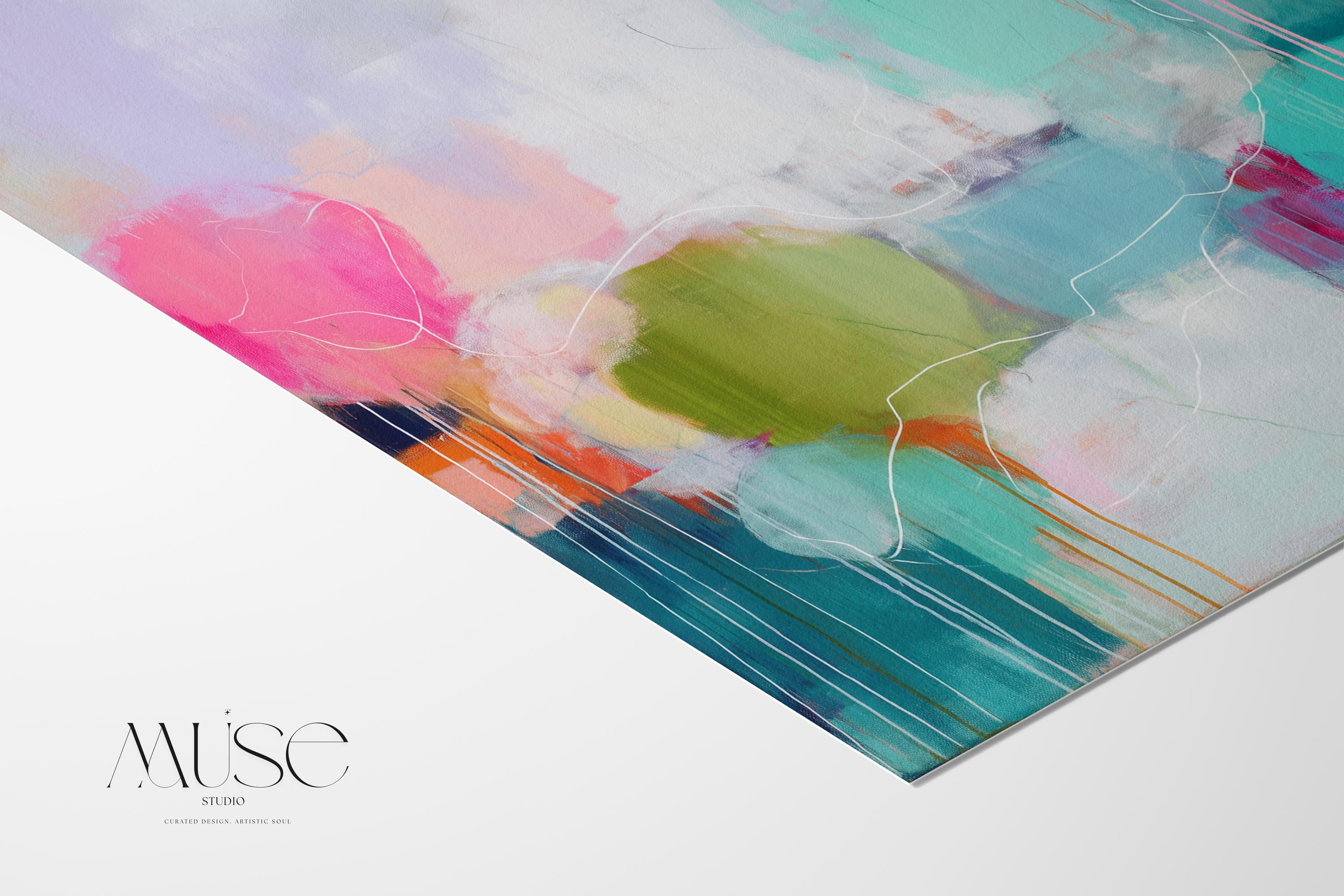 Vertical giclée poster print featuring colorful abstract forms in bright pink, citrus green, aqua blue, and lavender on a pale background. The energetic drips and layered shapes create a playful, modern composition. Ideal for bedroom, office, or bold hallway styling. Available as a fine art poster or canvas wall art for curated, color-forward decor.