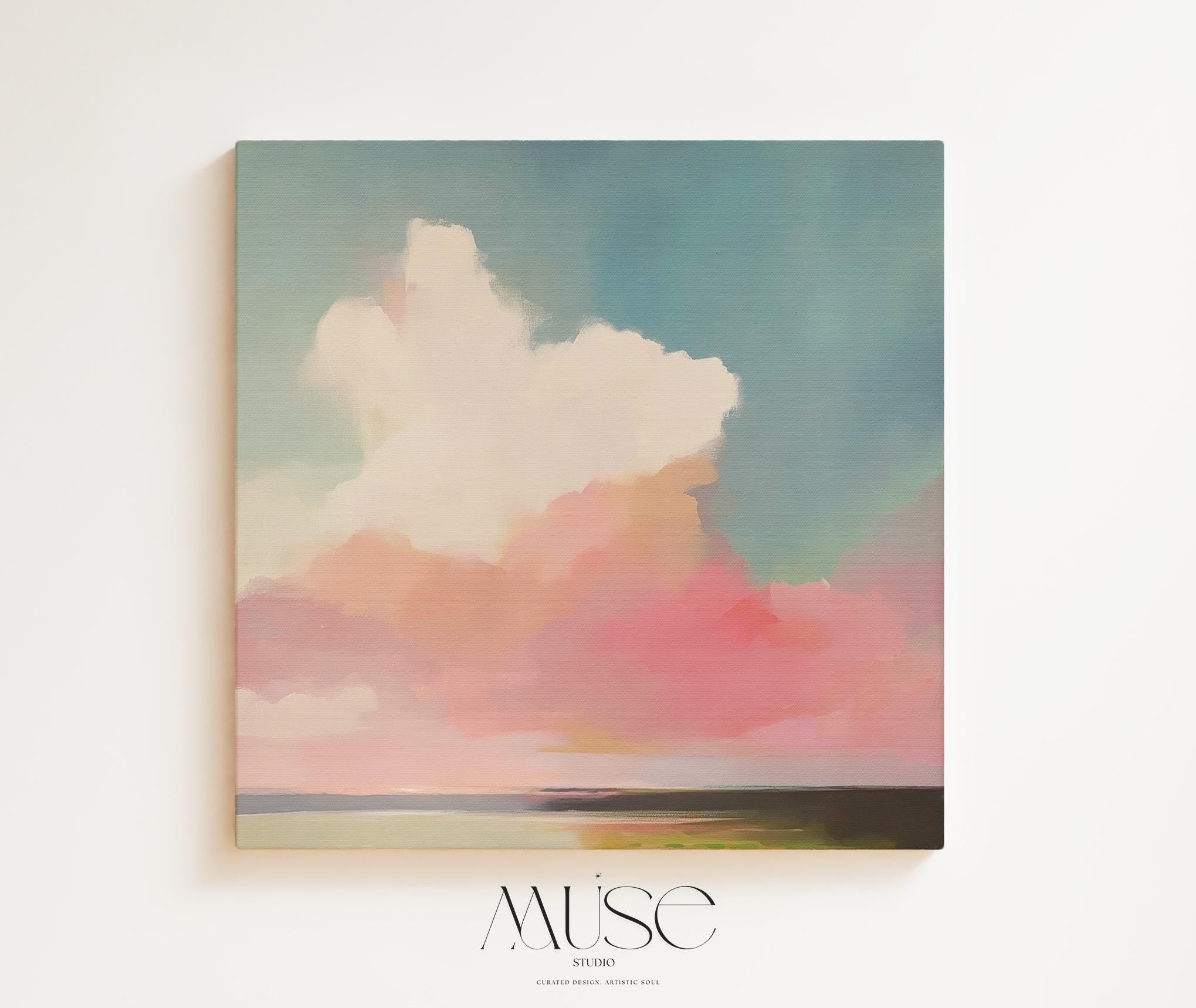 Square abstract canvas wall art of a soft pastel sky with cloud and ocean horizon. Blush, coral, and teal tones create a warm minimalist aesthetic ideal for modern bedrooms or calm office decor. Available as a fine art giclée print for framing in curated interiors.