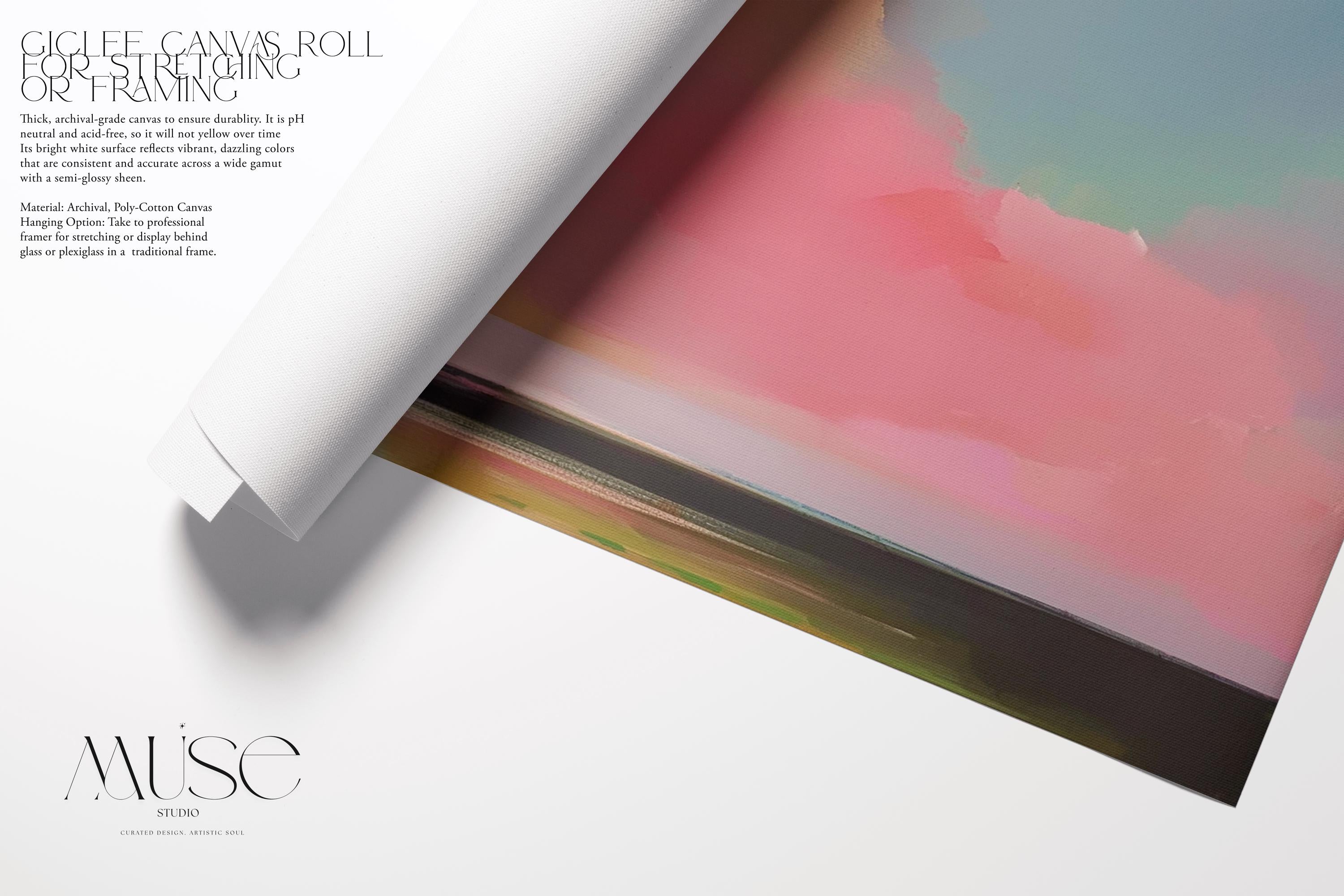 Square abstract canvas wall art of a soft pastel sky with cloud and ocean horizon. Blush, coral, and teal tones create a warm minimalist aesthetic ideal for modern bedrooms or calm office decor. Available as a fine art giclée print for framing in curated interiors.