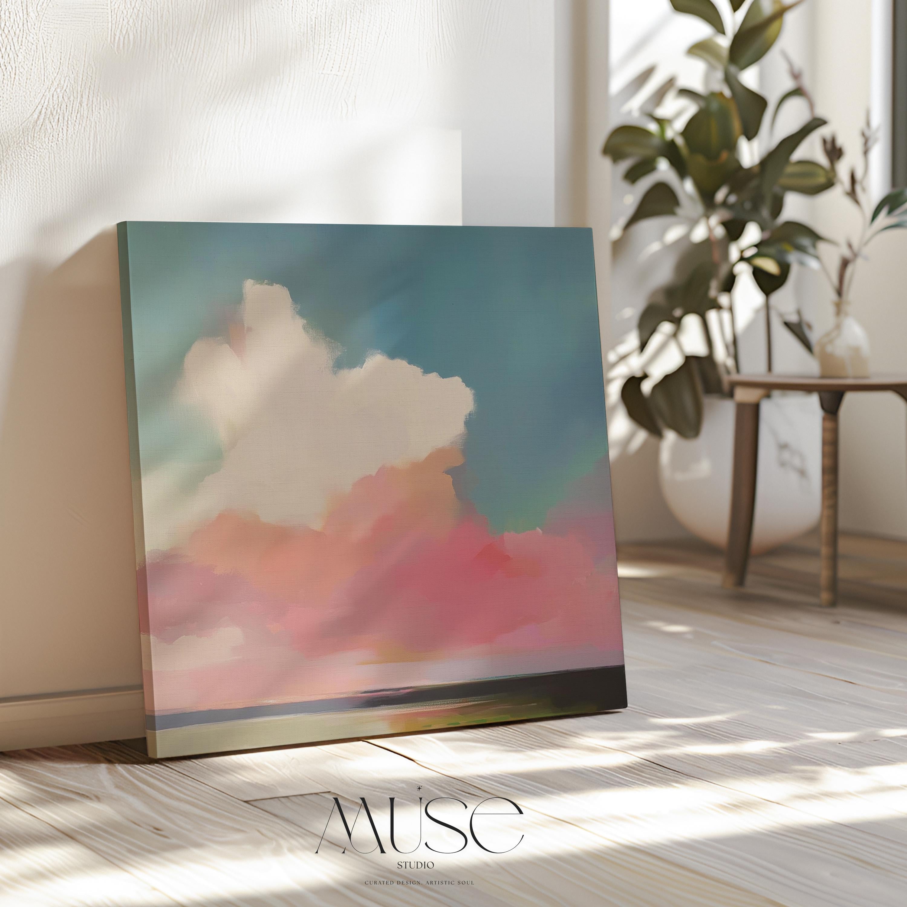 Square abstract canvas wall art of a soft pastel sky with cloud and ocean horizon. Blush, coral, and teal tones create a warm minimalist aesthetic ideal for modern bedrooms or calm office decor. Available as a fine art giclée print for framing in curated interiors.