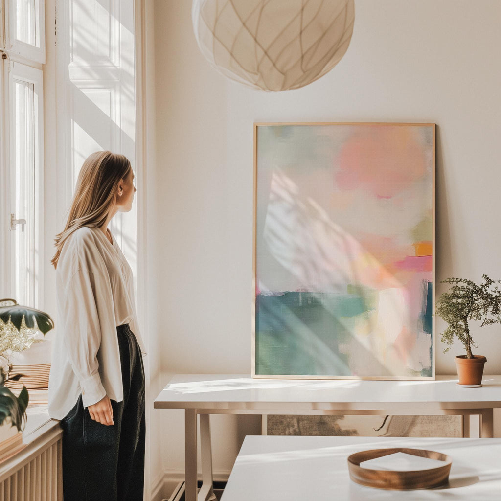 Vertical giclée art print in soft pastels featuring abstract brushstrokes in blush, sage, peach, and teal. Styled in a minimalist setting, this fine art poster brings calm and modern elegance to bedroom or entryway spaces. Available as a fine art poster or canvas wall art for curated, color-forward decor.