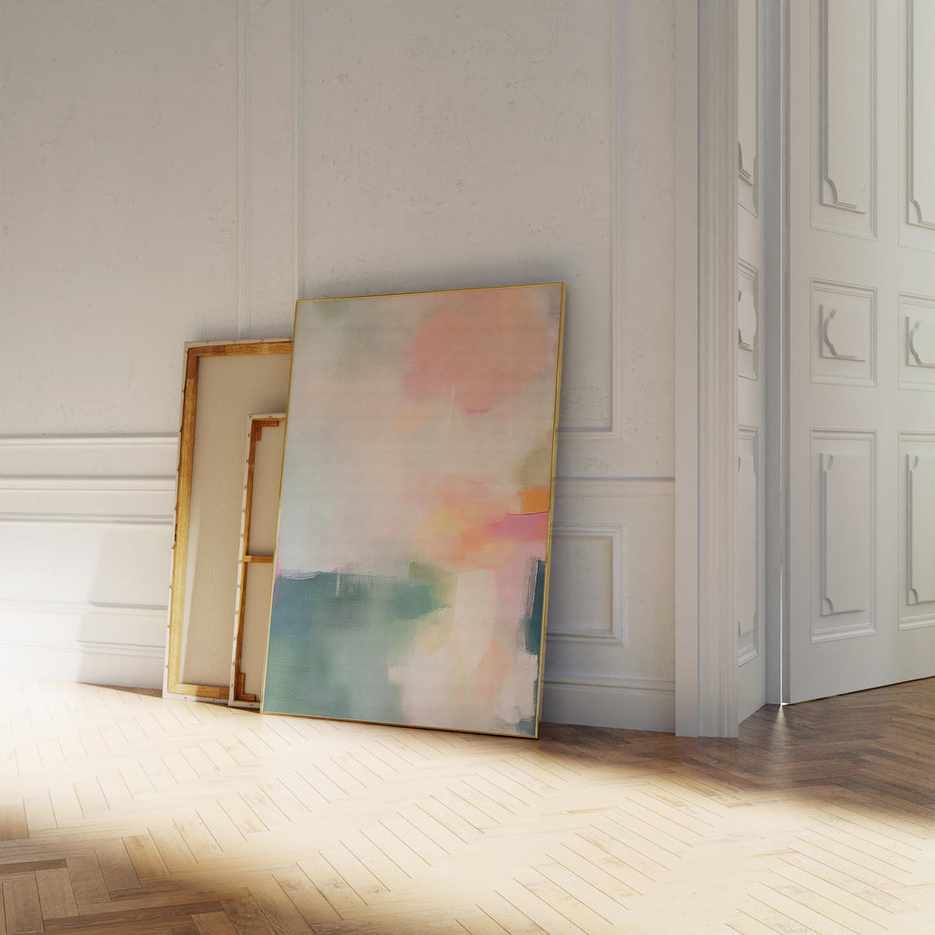 Vertical giclée art print in soft pastels featuring abstract brushstrokes in blush, sage, peach, and teal. Styled in a minimalist setting, this fine art poster brings calm and modern elegance to bedroom or entryway spaces. Available as a fine art poster or canvas wall art for curated, color-forward decor.