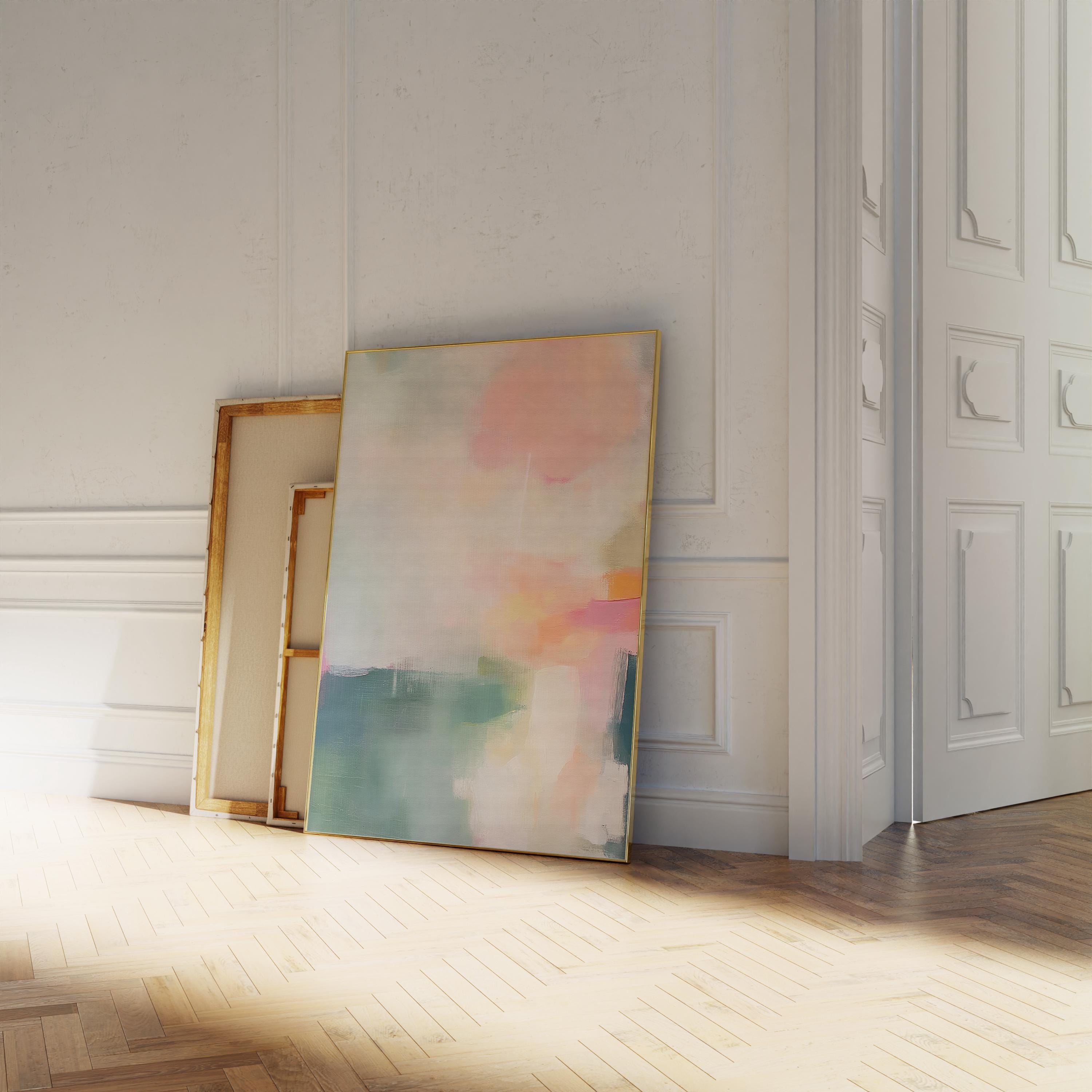 Vertical giclée art print in soft pastels featuring abstract brushstrokes in blush, sage, peach, and teal. Styled in a minimalist setting, this fine art poster brings calm and modern elegance to bedroom or entryway spaces. Available as a fine art poster or canvas wall art for curated, color-forward decor.