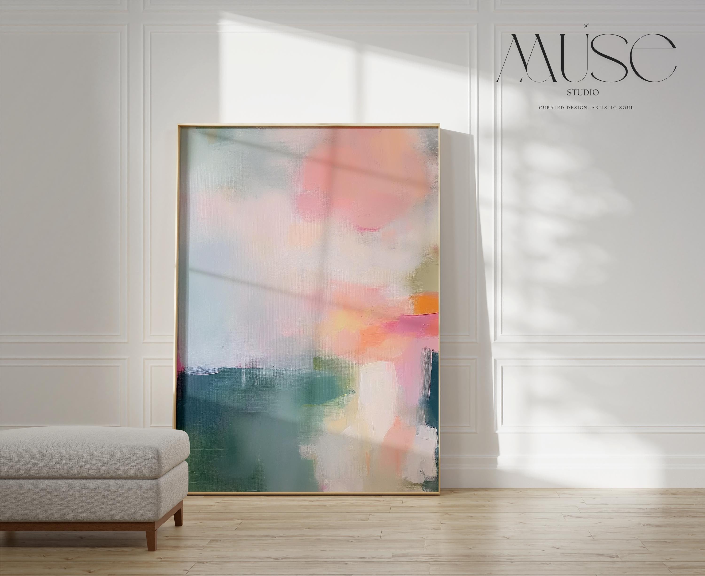 Framed giclée poster print of a soft blush and sage abstract with peach, coral, and teal tones in a vertical layout. Displayed in a light-filled modern interior with natural wood accents. Available as a fine art poster or canvas wall art for curated, color-forward decor.