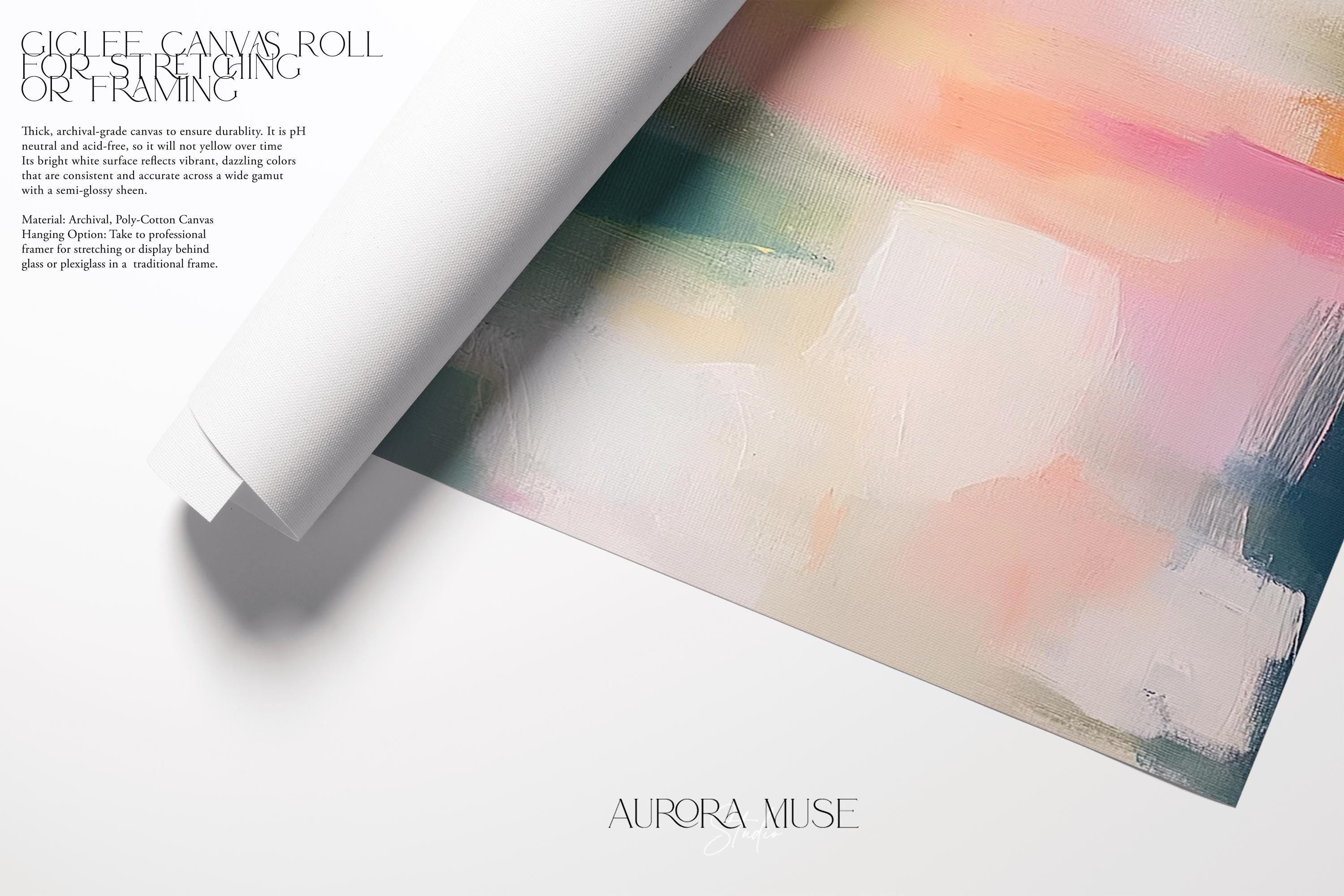 Framed giclée poster print of a soft blush and sage abstract with peach, coral, and teal tones in a vertical layout. Displayed in a light-filled modern interior with natural wood accents. Available as a fine art poster or canvas wall art for curated, color-forward decor.