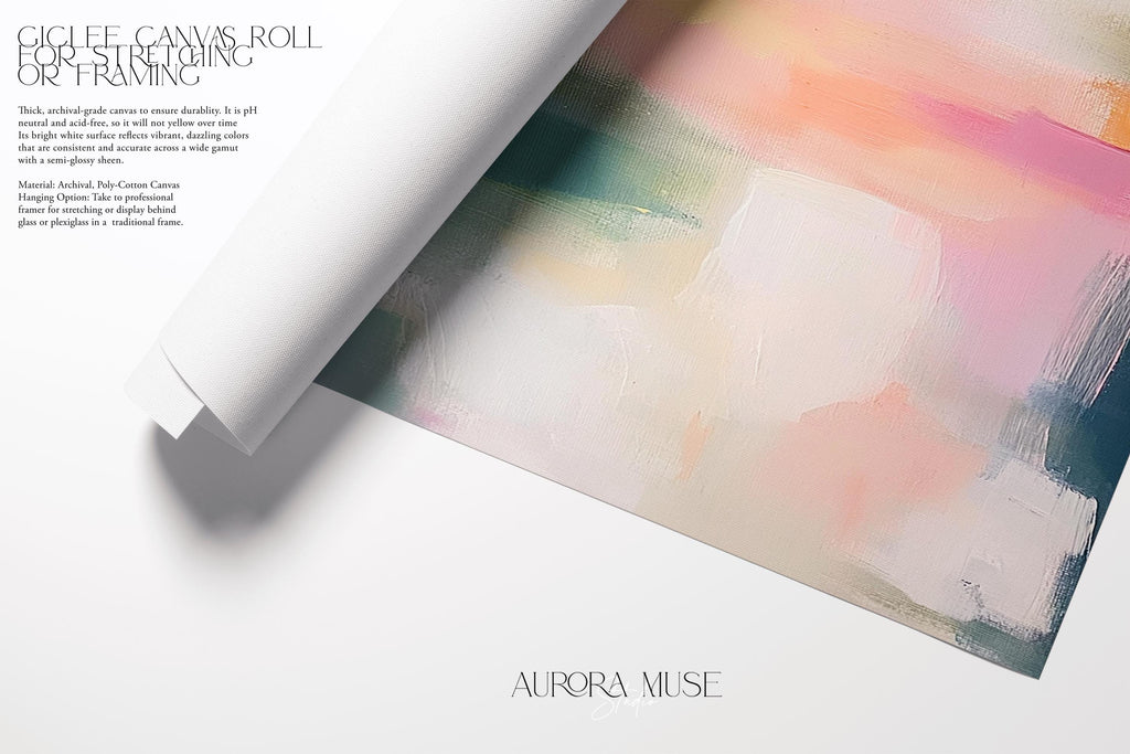 Framed giclée poster print of a soft blush and sage abstract with peach, coral, and teal tones in a vertical layout. Displayed in a light-filled modern interior with natural wood accents. Available as a fine art poster or canvas wall art for curated, color-forward decor.