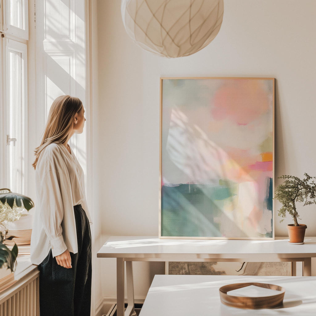 Framed giclée poster print of a soft blush and sage abstract with peach, coral, and teal tones in a vertical layout. Displayed in a light-filled modern interior with natural wood accents. Available as a fine art poster or canvas wall art for curated, color-forward decor.