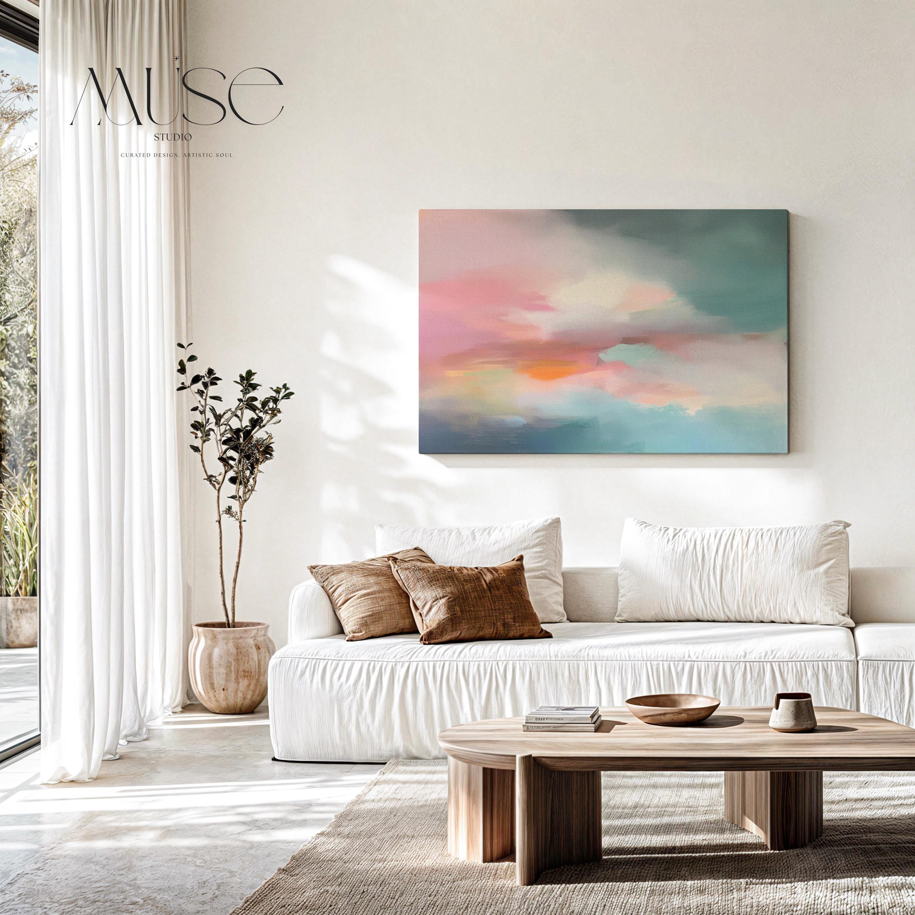 Horizontal abstract canvas wall art in soft blush, coral, teal, and gold tones, evoking a peaceful pastel sky over a modern landscape. Perfect for large living rooms, bedrooms, or transitional spaces. Available as a fine art poster or canvas wall art for curated, color-forward decor.