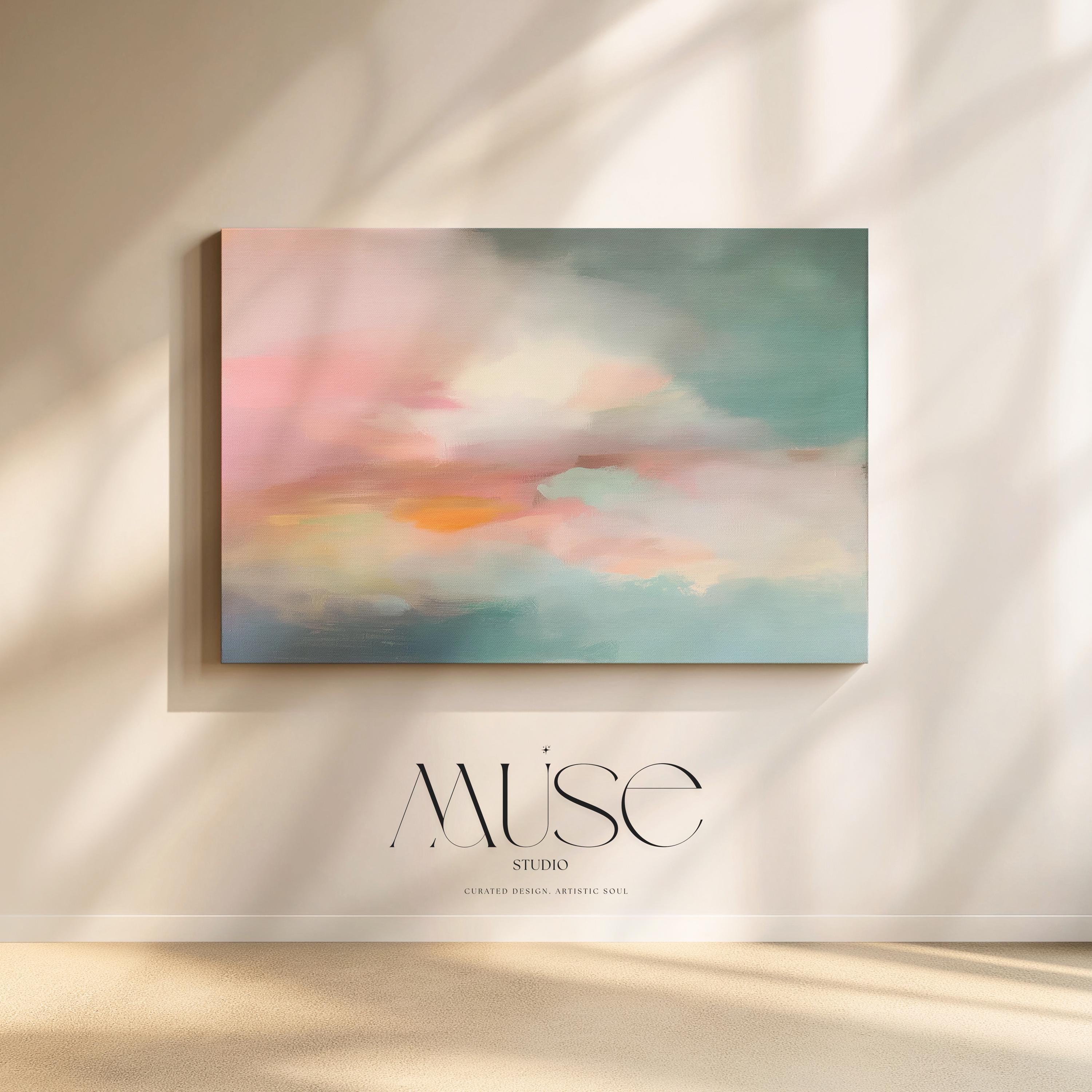 Horizontal abstract canvas wall art in soft blush, coral, teal, and gold tones, evoking a peaceful pastel sky over a modern landscape. Perfect for large living rooms, bedrooms, or transitional spaces. Available as a fine art poster or canvas wall art for curated, color-forward decor.