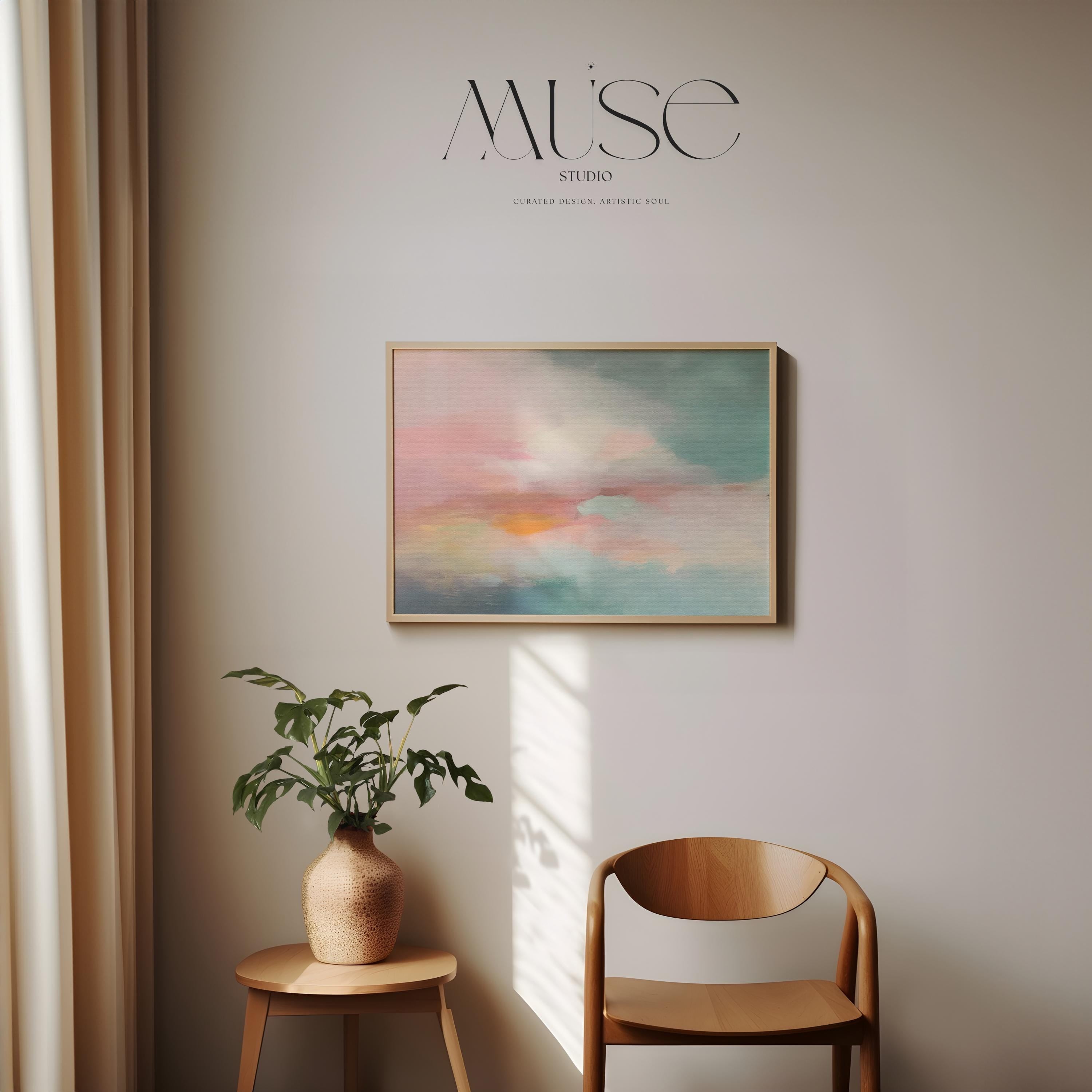 Horizontal abstract giclée art print in blush, peach, and teal, printed on archival paper with a painterly sky-inspired design. Perfect for bedrooms, offices, or modern interiors seeking soft, layered color. Available as a fine art poster or canvas wall art for curated, color-forward decor.