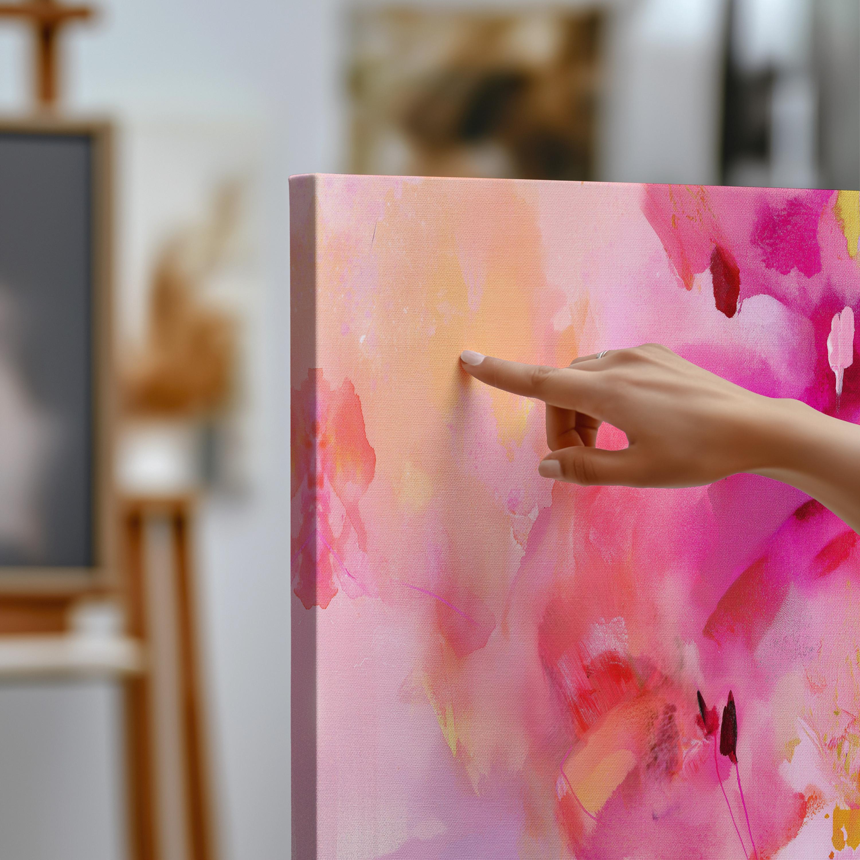 Colorful abstract canvas wall art in vivid fuchsia, peach, and lilac tones with expressive brushwork. A bold color pop statement for eclectic bedrooms or creative studio spaces. Available as a gallery-wrapped canvas or framed canvas wall art for curated, color-forward decor.