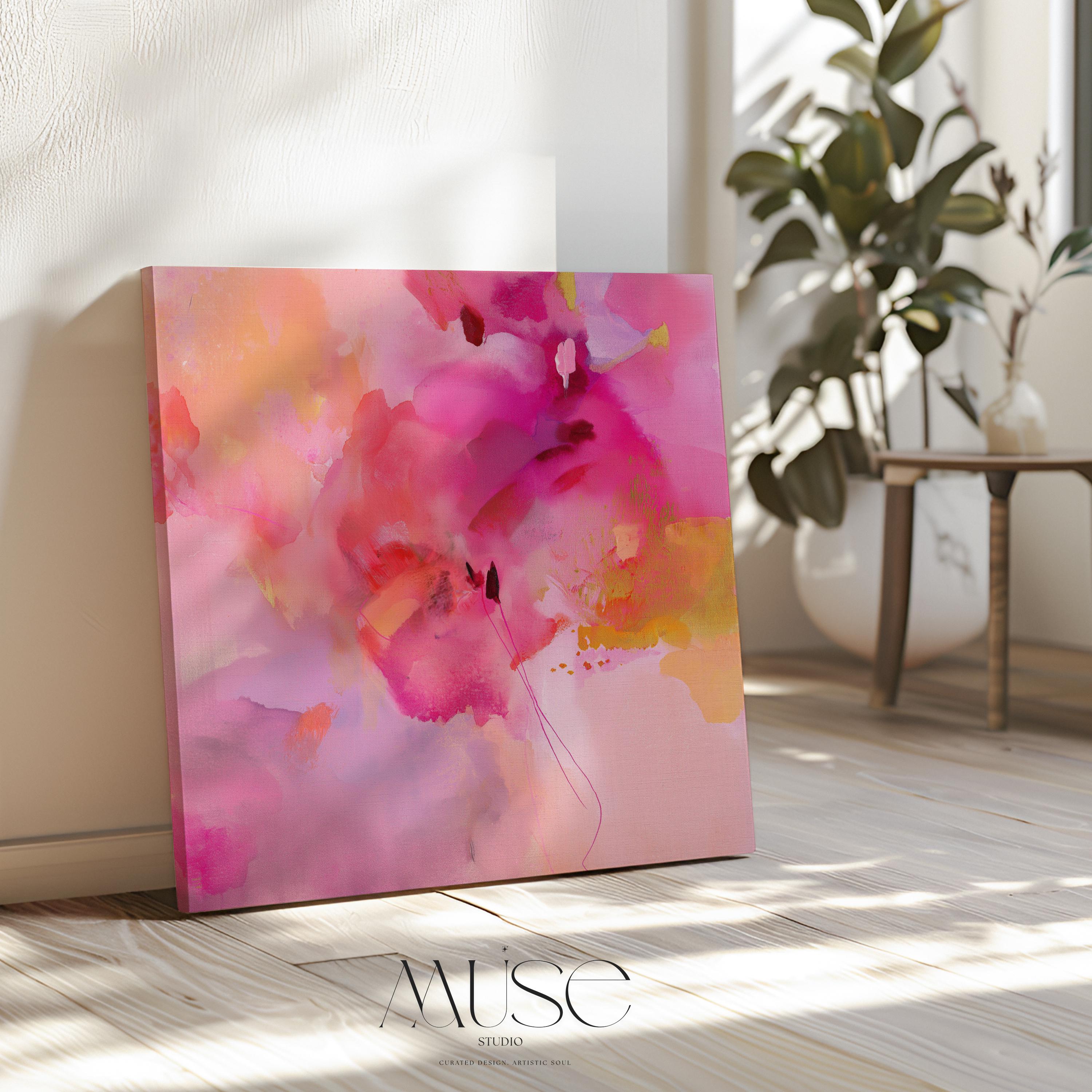 Colorful abstract canvas wall art in vivid fuchsia, peach, and lilac tones with expressive brushwork. A bold color pop statement for eclectic bedrooms or creative studio spaces. Available as a gallery-wrapped canvas or framed canvas wall art for curated, color-forward decor.
