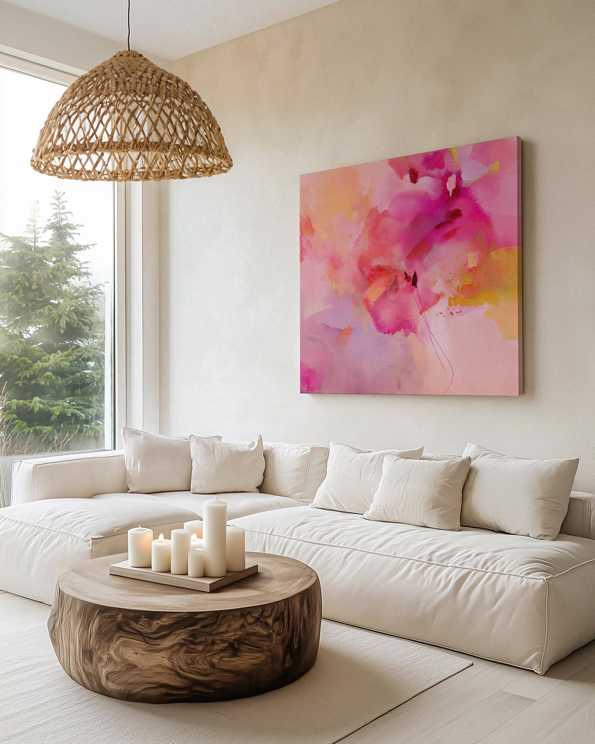 Colorful abstract canvas wall art in vivid fuchsia, peach, and lilac tones with expressive brushwork. A bold color pop statement for eclectic bedrooms or creative studio spaces. Available as a gallery-wrapped canvas or framed canvas wall art for curated, color-forward decor.