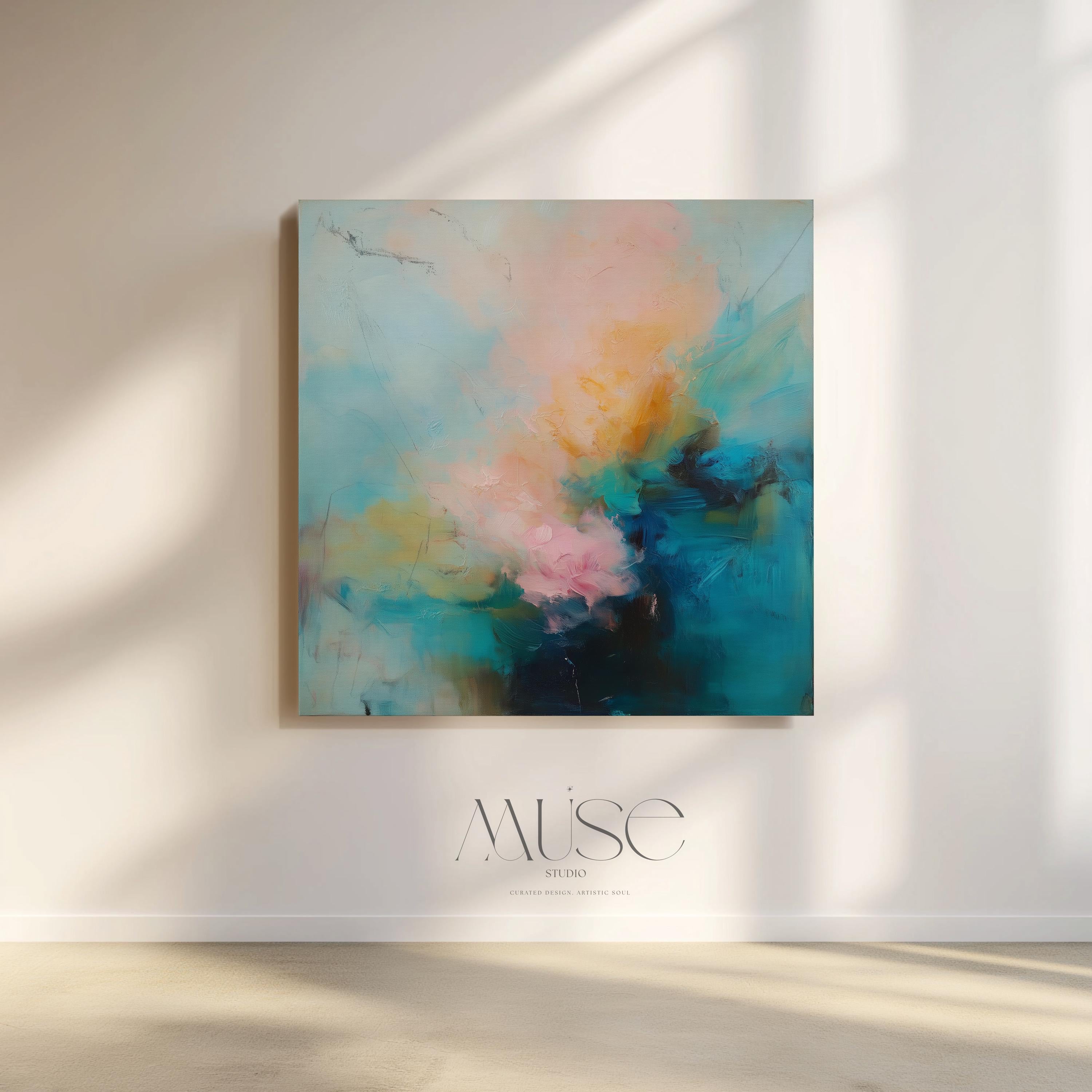 Soft pastel abstract canvas wall art with teal blue, blush pink, and golden amber hues in a layered painterly style. Designed for warm minimalist decor and serene bedroom or living room interiors. Available as fine art poster or canvas wall art for curated, color-forward decor.
