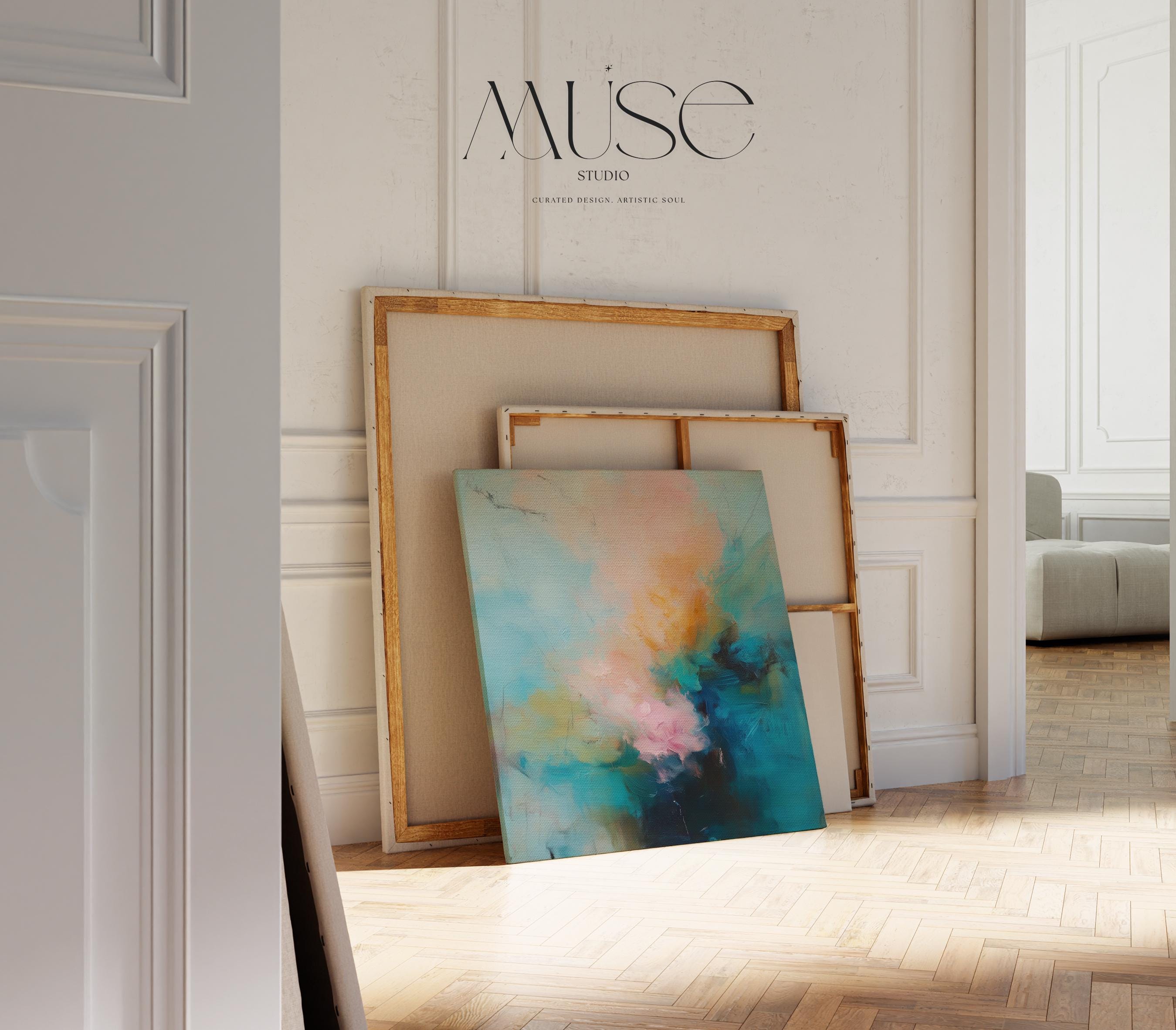 Soft pastel abstract canvas wall art with teal blue, blush pink, and golden amber hues in a layered painterly style. Designed for warm minimalist decor and serene bedroom or living room interiors. Available as fine art poster or canvas wall art for curated, color-forward decor.