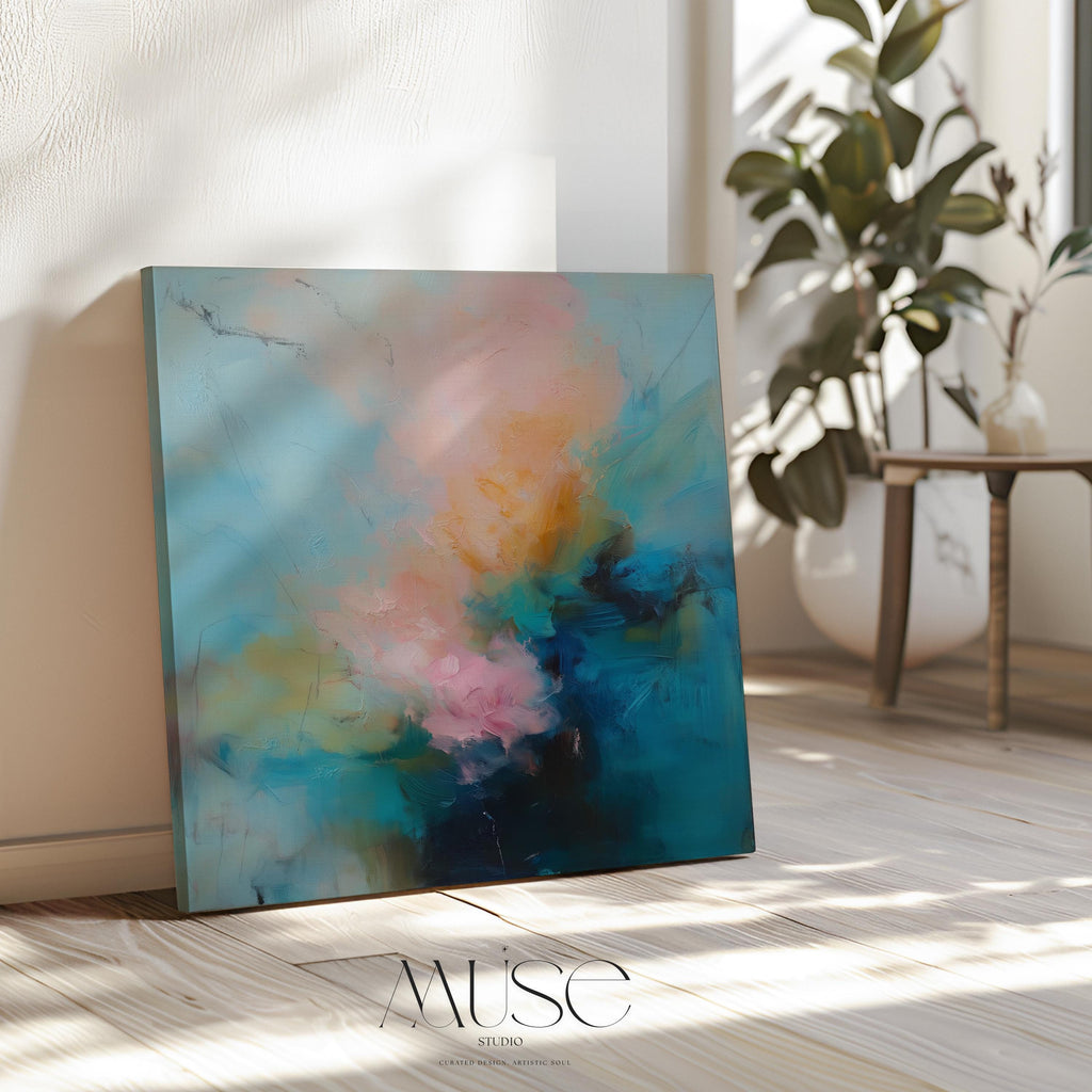 Soft pastel abstract canvas wall art with teal blue, blush pink, and golden amber hues in a layered painterly style. Designed for warm minimalist decor and serene bedroom or living room interiors. Available as fine art poster or canvas wall art for curated, color-forward decor.