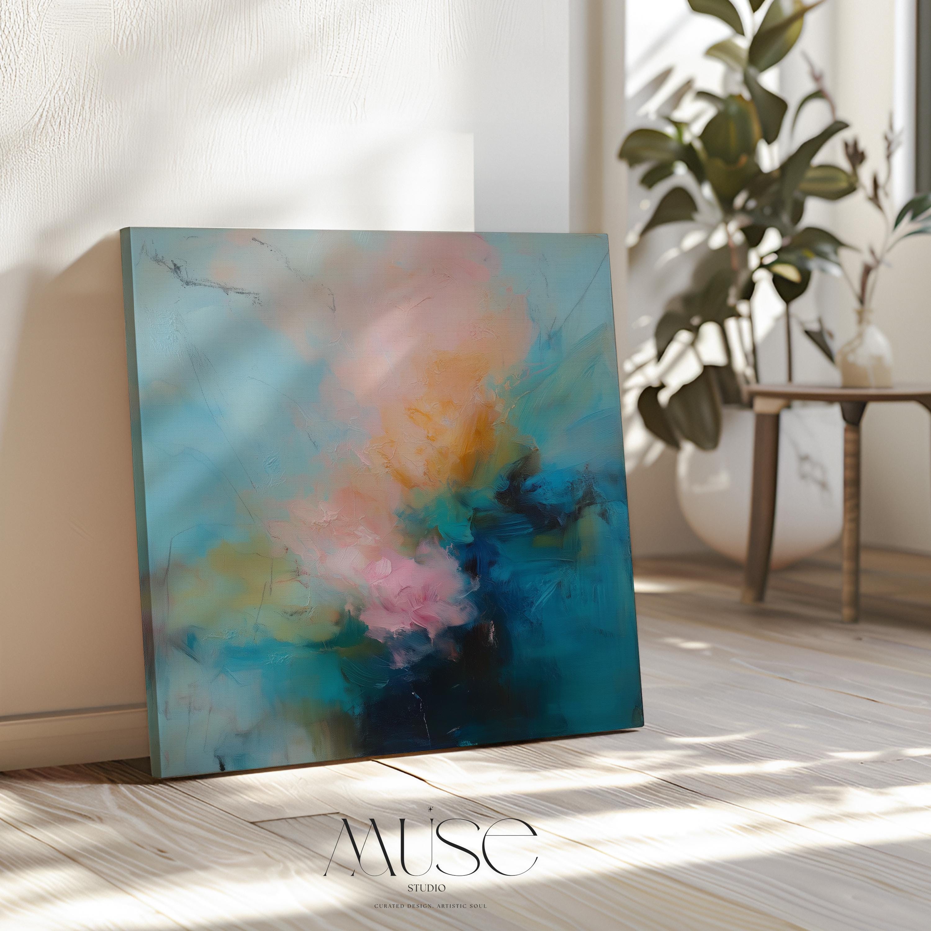 Soft pastel abstract canvas wall art with teal blue, blush pink, and golden amber hues in a layered painterly style. Designed for warm minimalist decor and serene bedroom or living room interiors. Available as fine art poster or canvas wall art for curated, color-forward decor.