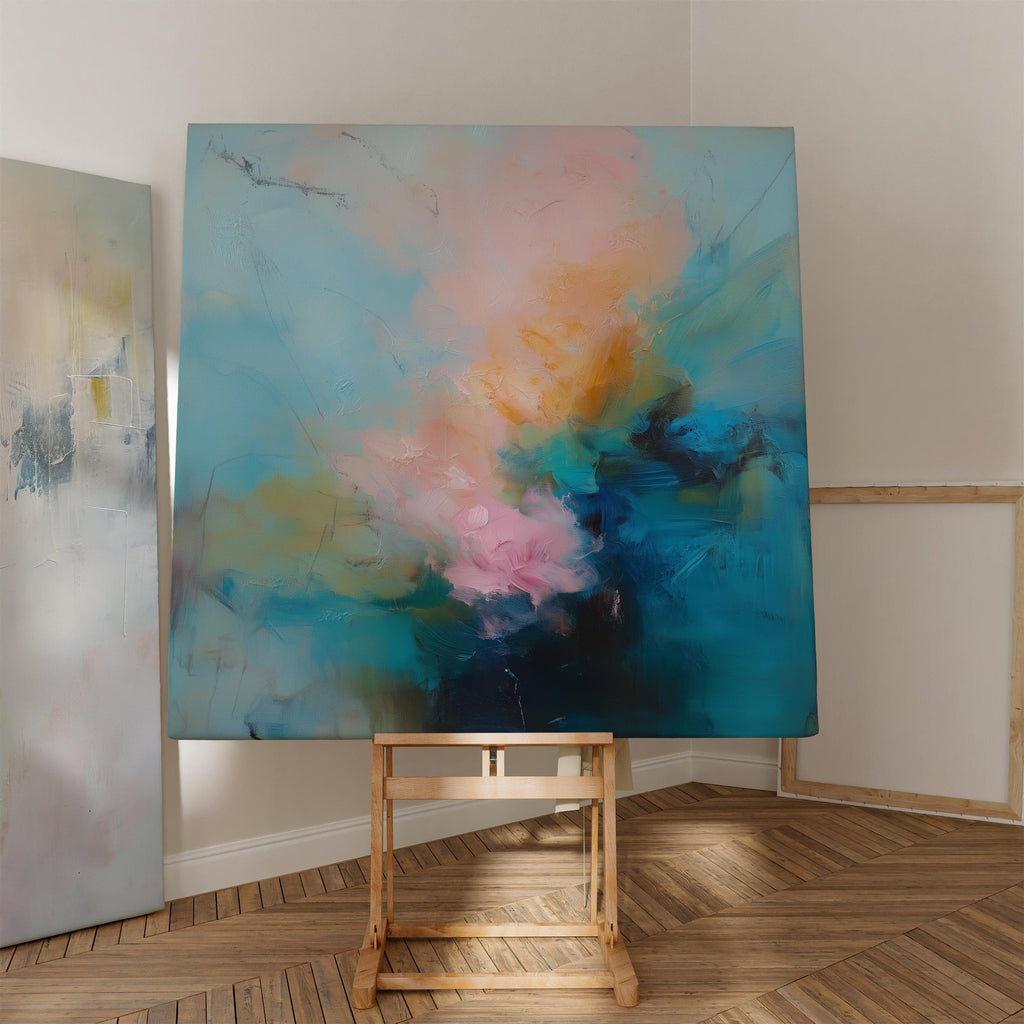 Soft pastel abstract canvas wall art with teal blue, blush pink, and golden amber hues in a layered painterly style. Designed for warm minimalist decor and serene bedroom or living room interiors. Available as fine art poster or canvas wall art for curated, color-forward decor.