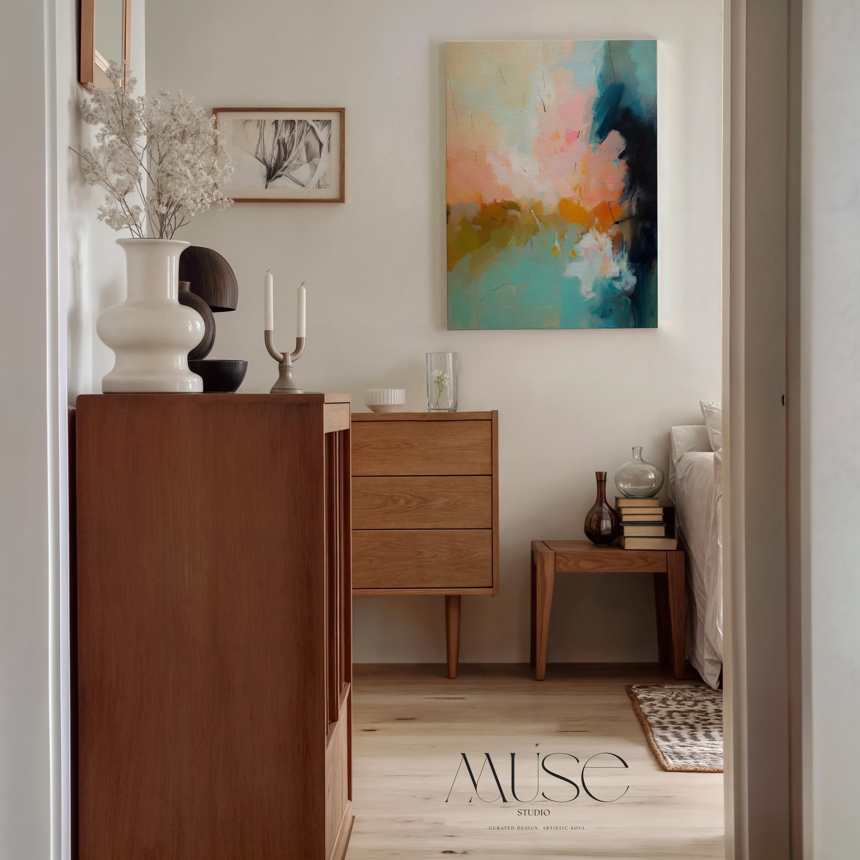Earth-toned abstract canvas wall art featuring soft sage, teal, dusty blush, and deep sienna. Painterly texture flows across a warm neutral backdrop, ideal for soft contemporary or transitional interiors. Perfect for large bedroom walls or curated entryway decor. Available as a fine art poster or canvas wall art for curated, color-forward decor.