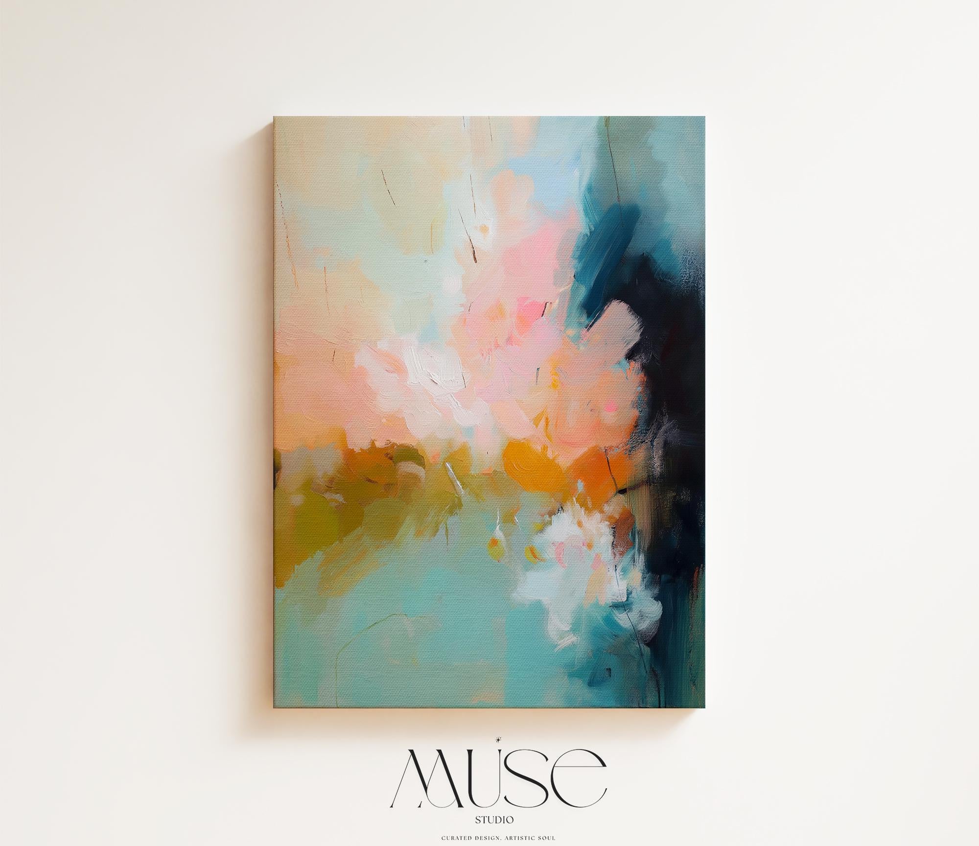 Earth-toned abstract canvas wall art featuring soft sage, teal, dusty blush, and deep sienna. Painterly texture flows across a warm neutral backdrop, ideal for soft contemporary or transitional interiors. Perfect for large bedroom walls or curated entryway decor. Available as a fine art poster or canvas wall art for curated, color-forward decor.