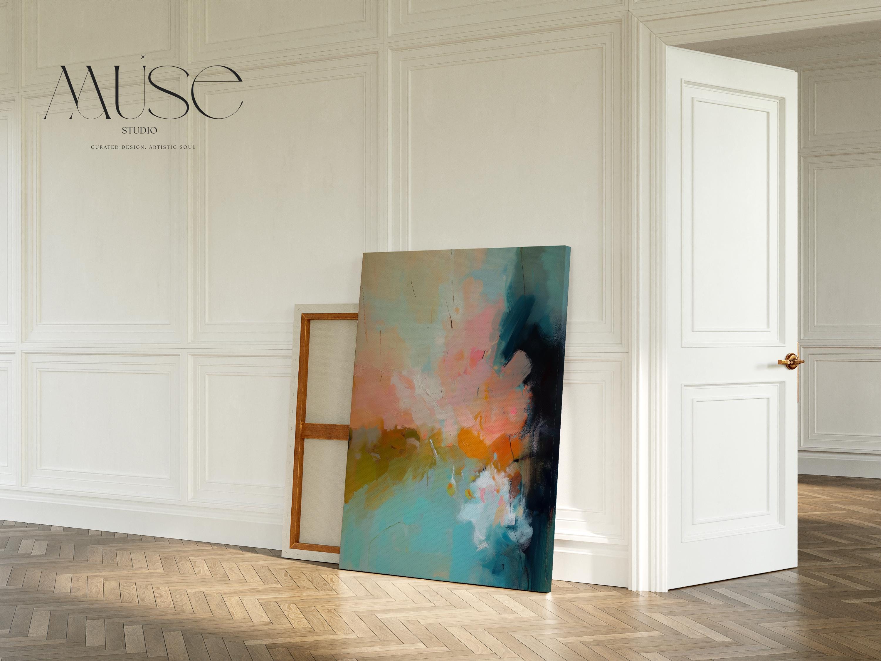 Earth-toned abstract canvas wall art featuring soft sage, teal, dusty blush, and deep sienna. Painterly texture flows across a warm neutral backdrop, ideal for soft contemporary or transitional interiors. Perfect for large bedroom walls or curated entryway decor. Available as a fine art poster or canvas wall art for curated, color-forward decor.