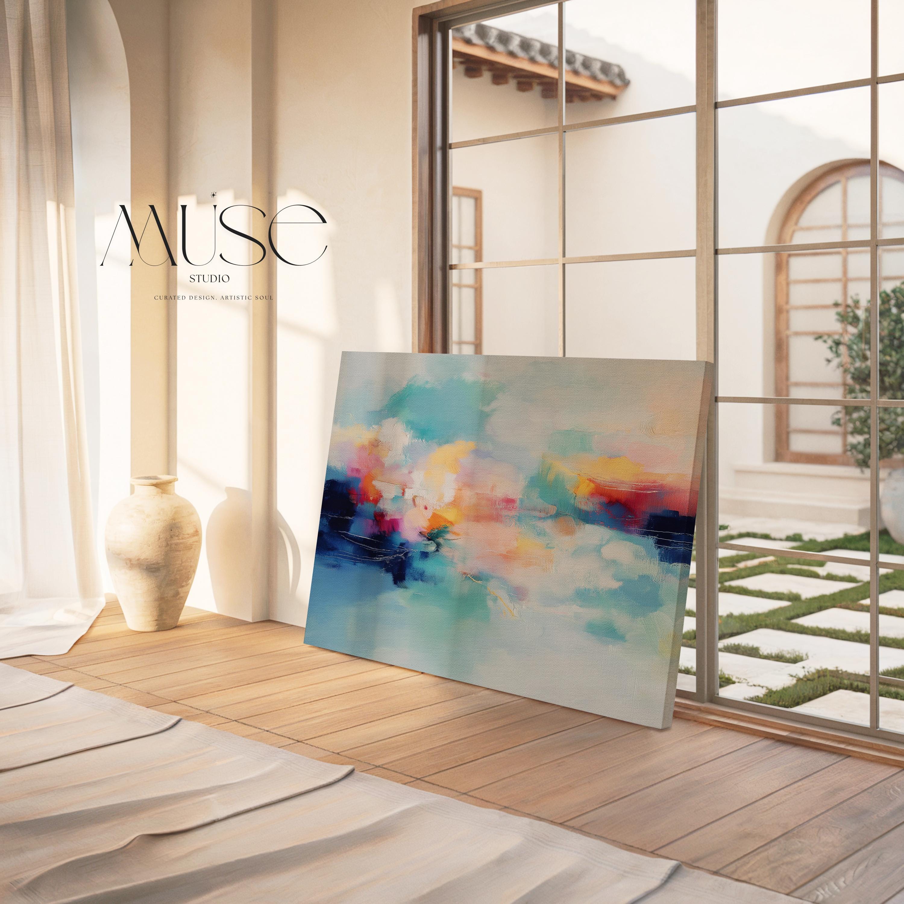 Coastal abstract canvas wall art featuring aqua blue, coral, soft peach, and cloud white. Painterly brushwork evokes ocean movement and warm light, styled for modern living rooms, spa-inspired entryways, or calm office decor. A fresh take on color pop neutrals. Available as a fine art poster or canvas wall art for curated, color-forward decor.