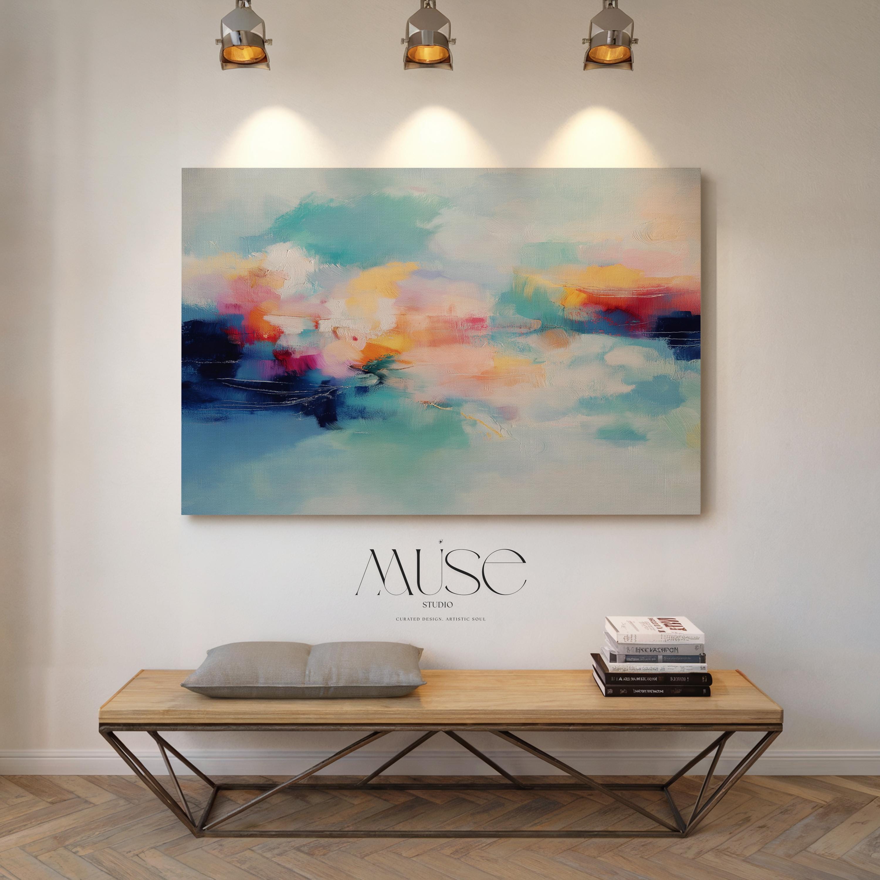 Coastal abstract canvas wall art featuring aqua blue, coral, soft peach, and cloud white. Painterly brushwork evokes ocean movement and warm light, styled for modern living rooms, spa-inspired entryways, or calm office decor. A fresh take on color pop neutrals. Available as a fine art poster or canvas wall art for curated, color-forward decor.