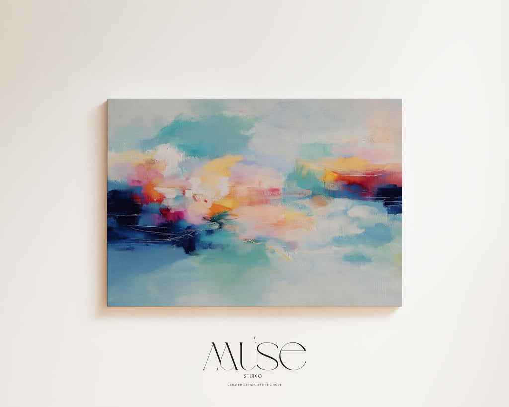 Coastal abstract canvas wall art featuring aqua blue, coral, soft peach, and cloud white. Painterly brushwork evokes ocean movement and warm light, styled for modern living rooms, spa-inspired entryways, or calm office decor. A fresh take on color pop neutrals. Available as a fine art poster or canvas wall art for curated, color-forward decor.