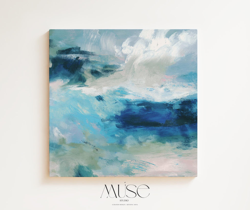 Abstract coastal wall art featuring ocean-inspired blues, sage green, and soft white brushstrokes. The textured seascape blends horizon and water with expressive movement, perfect for beach house decor, living rooms, or serene interiors. Available as a fine art poster or canvas wall art for curated, color-forward decor.