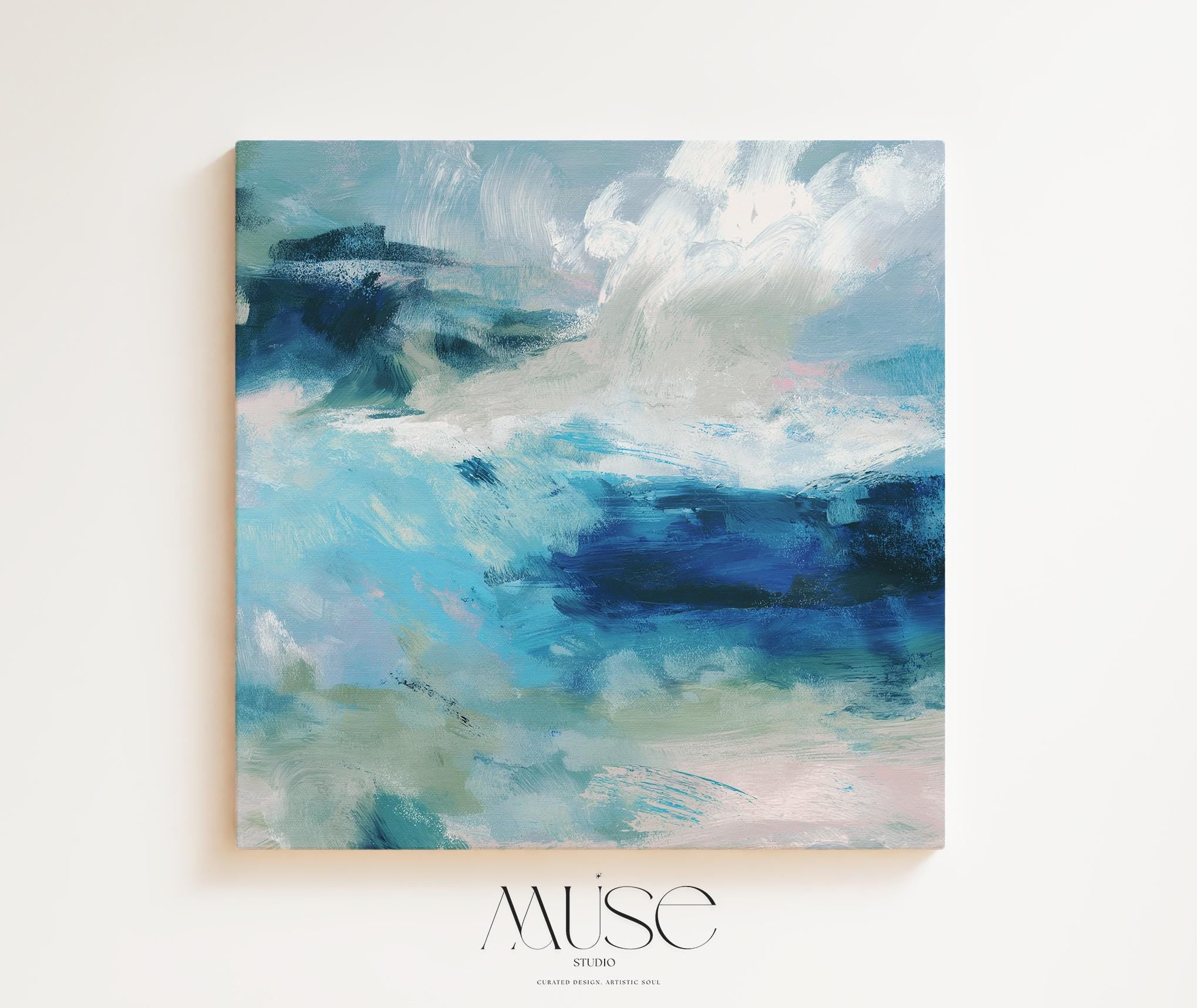 Abstract coastal wall art featuring ocean-inspired blues, sage green, and soft white brushstrokes. The textured seascape blends horizon and water with expressive movement, perfect for beach house decor, living rooms, or serene interiors. Available as a fine art poster or canvas wall art for curated, color-forward decor.