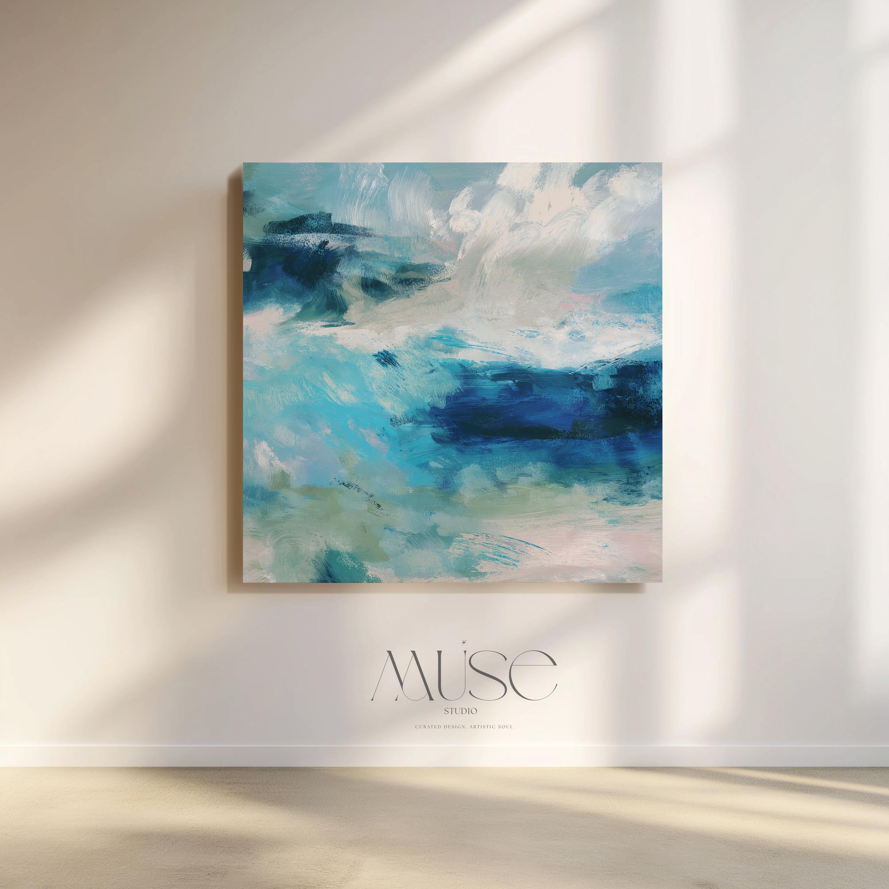 Abstract coastal wall art featuring ocean-inspired blues, sage green, and soft white brushstrokes. The textured seascape blends horizon and water with expressive movement, perfect for beach house decor, living rooms, or serene interiors. Available as a fine art poster or canvas wall art for curated, color-forward decor.