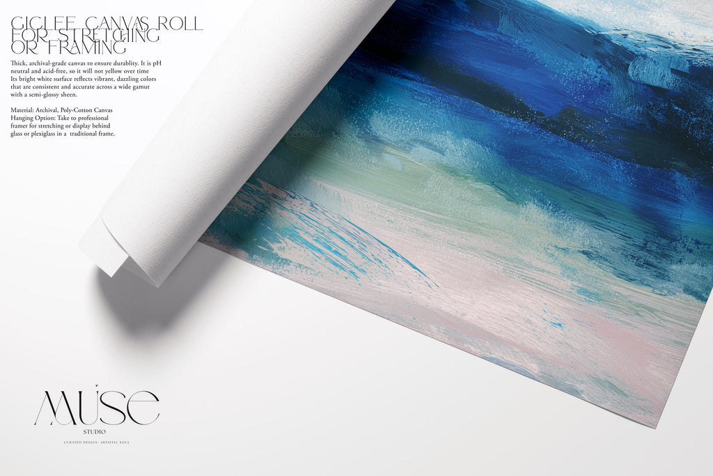 Fine art giclée print of an ocean abstract painting with deep blue, sage green, and white brushstrokes. Designed for modern coastal interiors and beach-inspired spaces. Printed on museum-grade watercolor paper. Available as a fine art poster or canvas wall art for curated, color-forward decor.