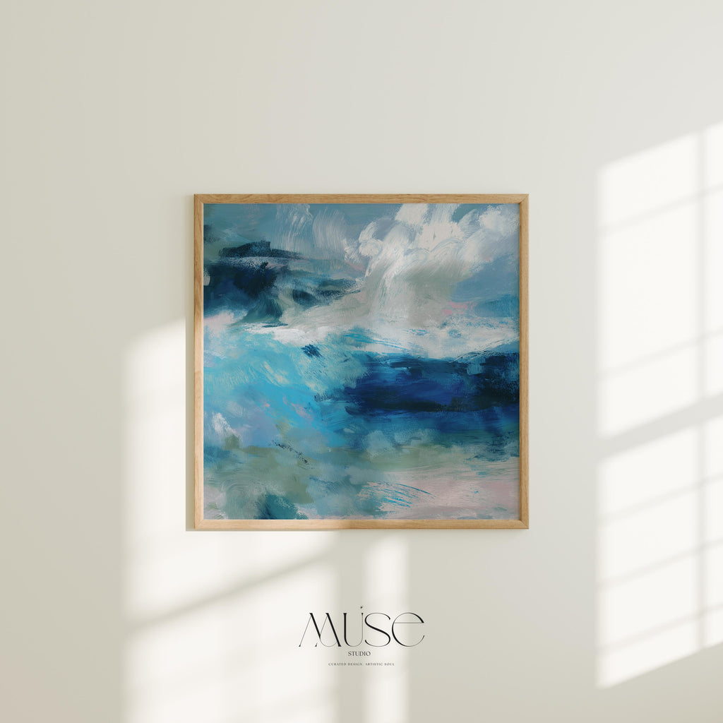 Fine art giclée print of an ocean abstract painting with deep blue, sage green, and white brushstrokes. Designed for modern coastal interiors and beach-inspired spaces. Printed on museum-grade watercolor paper. Available as a fine art poster or canvas wall art for curated, color-forward decor.