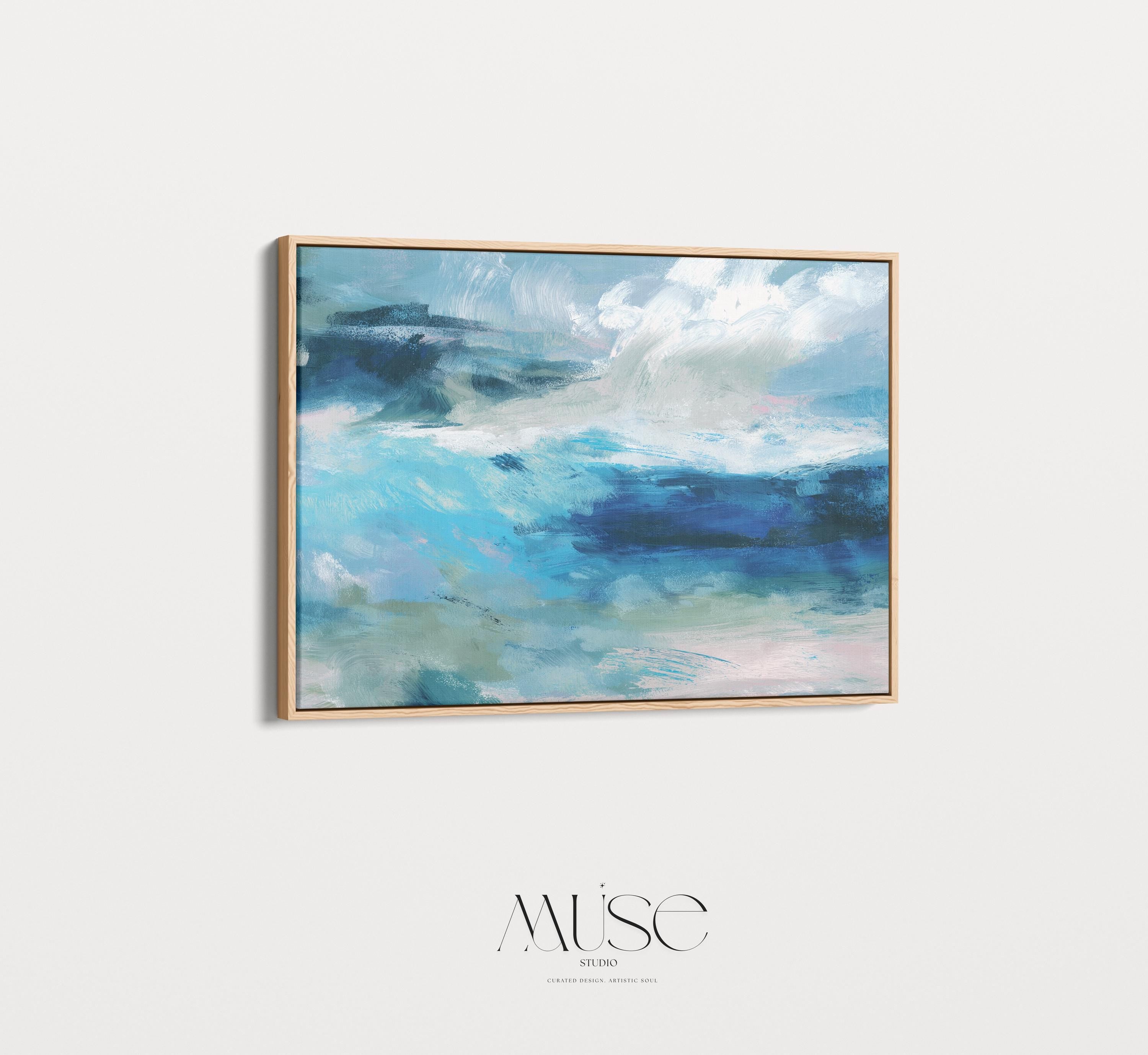 Framed horizontal canvas wall art featuring a coastal abstract with soft blue, sage green, and navy brushstrokes. Designed in a calming, fluid style ideal for beach house interiors, coastal living rooms, or nature-inspired decor. Available as a fine art poster or canvas wall art for curated, color-forward decor.