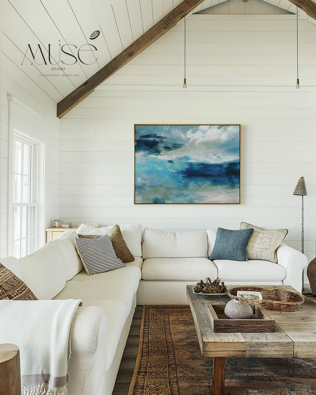 Framed horizontal canvas wall art featuring a coastal abstract with soft blue, sage green, and navy brushstrokes. Designed in a calming, fluid style ideal for beach house interiors, coastal living rooms, or nature-inspired decor. Available as a fine art poster or canvas wall art for curated, color-forward decor.