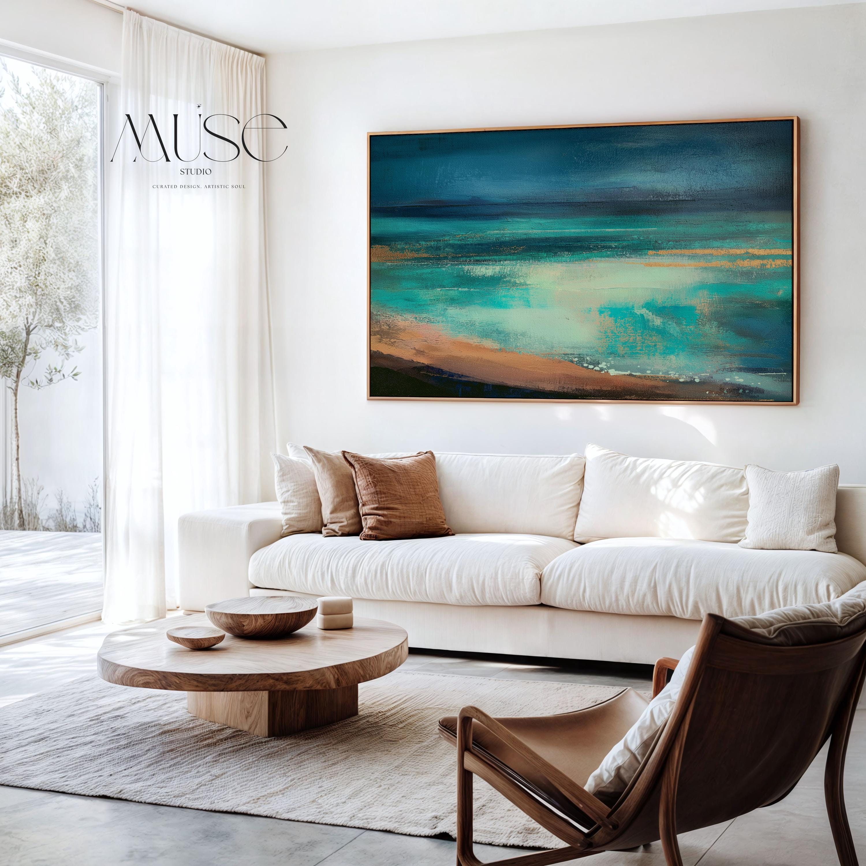 Teal Coastal Canvas Wall Art • Horizontal Abstract Painting in Aqua Sand and Navy • Large Beach House Living Room Decor • Muse Studio | 330