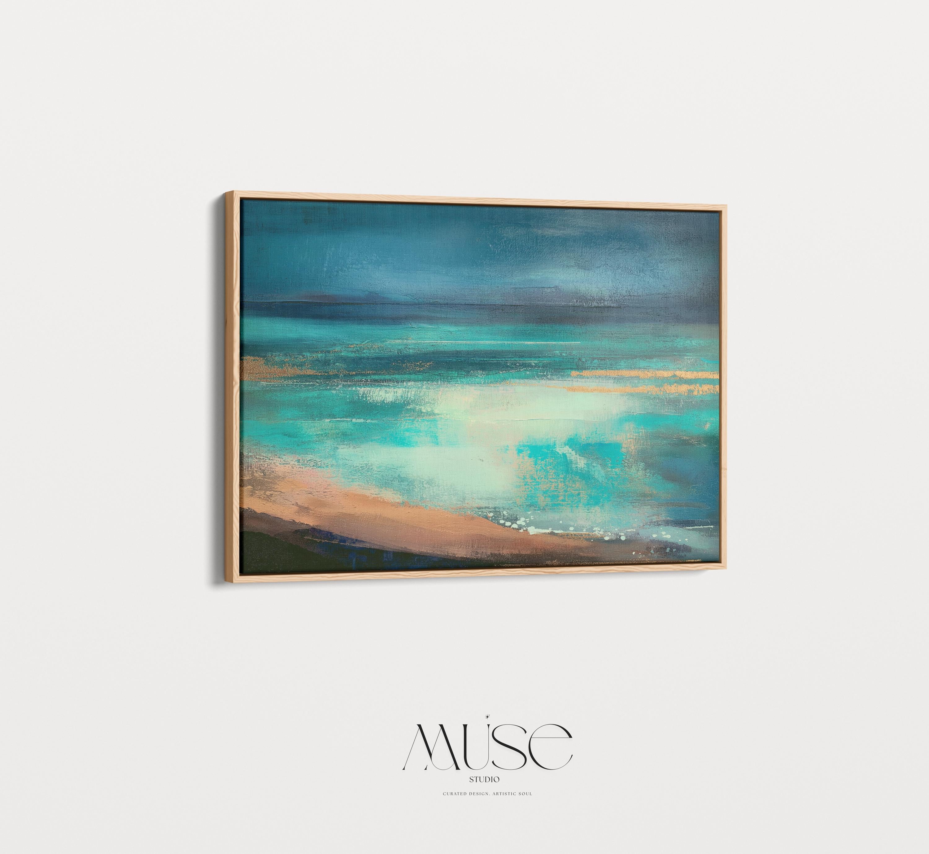 Teal Coastal Canvas Wall Art • Horizontal Abstract Painting in Aqua Sand and Navy • Large Beach House Living Room Decor • Muse Studio | 330