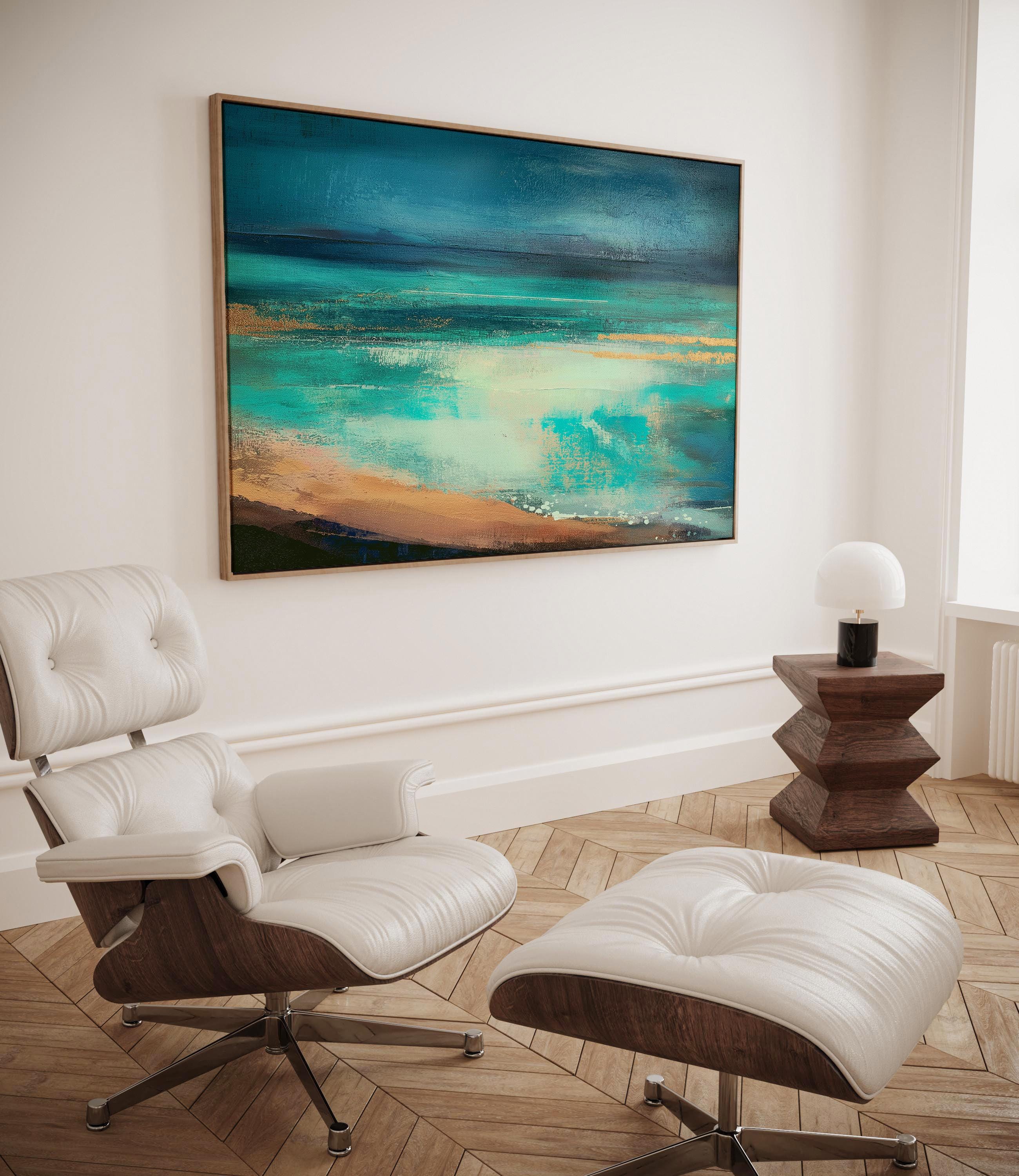 Teal Coastal Canvas Wall Art • Horizontal Abstract Painting in Aqua Sand and Navy • Large Beach House Living Room Decor • Muse Studio | 330