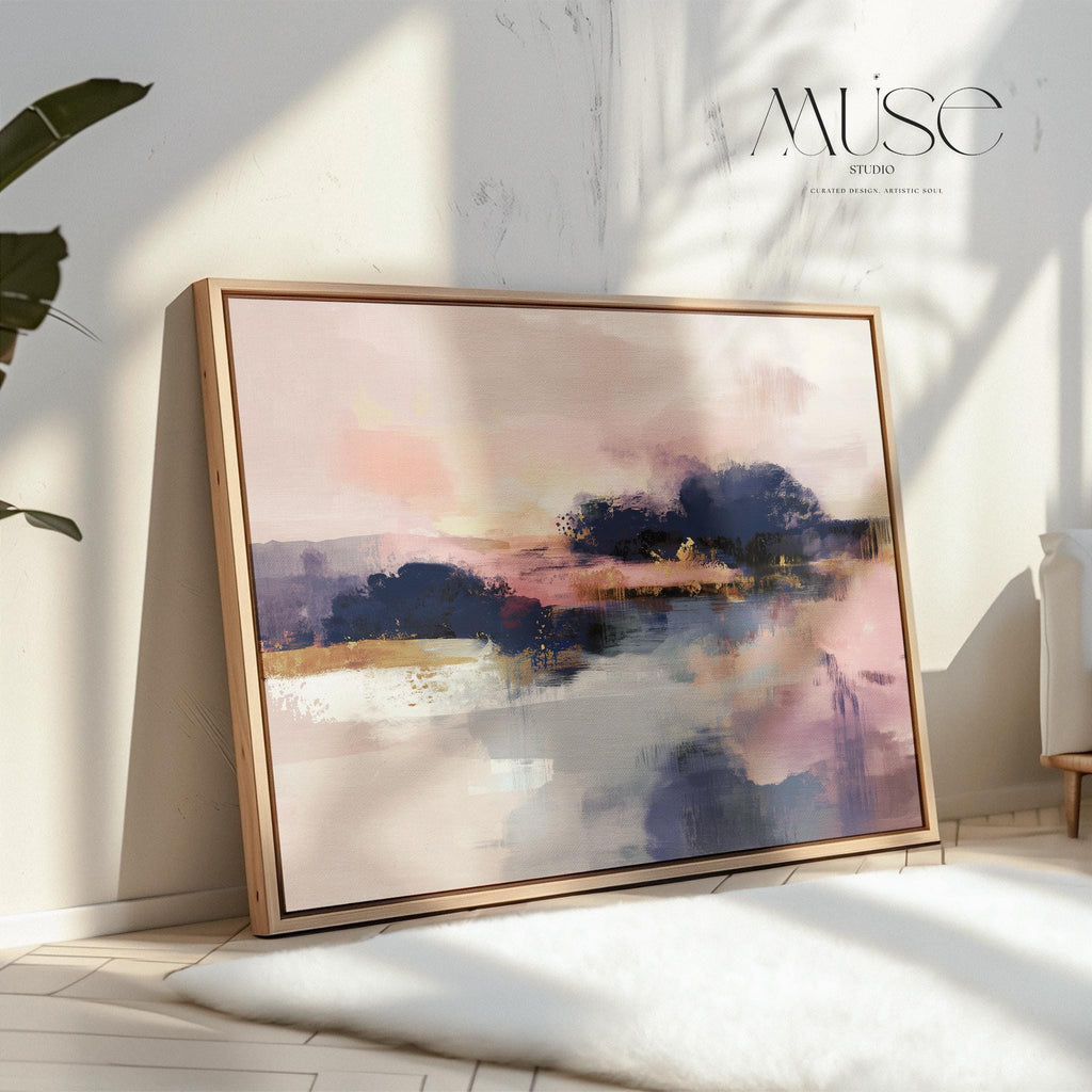 Horizontal abstract canvas wall art in blush pink, deep navy, and soft lavender gray. Dreamy brushwork and layered tones create a romantic and modern feel. Ideal for soft contemporary bedrooms, transitional office decor, or above-bed statement art. Offered as a gallery-wrapped canvas or floating framed canvas in extra-large horizontal sizes.