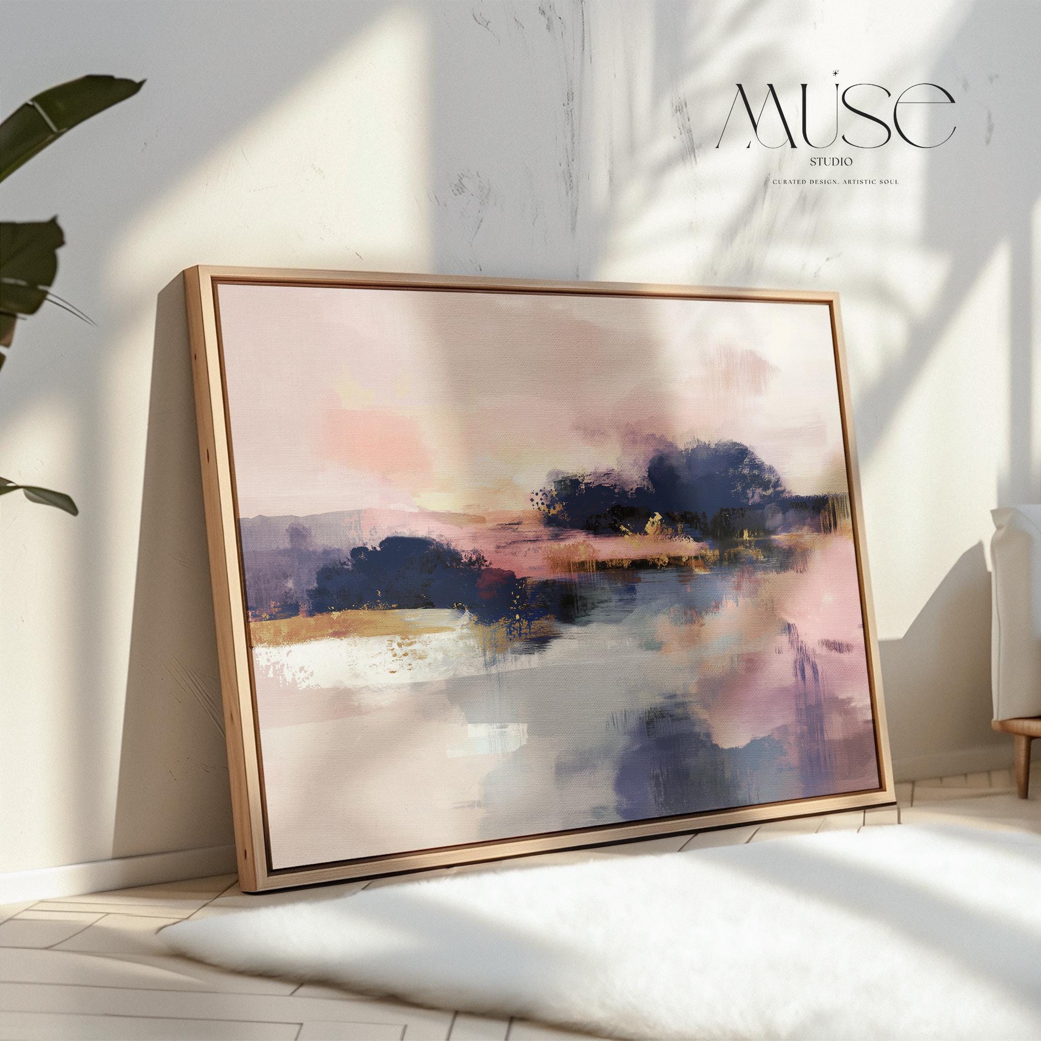 Horizontal abstract canvas wall art in blush pink, deep navy, and soft lavender gray. Dreamy brushwork and layered tones create a romantic and modern feel. Ideal for soft contemporary bedrooms, transitional office decor, or above-bed statement art. Offered as a gallery-wrapped canvas or floating framed canvas in extra-large horizontal sizes.