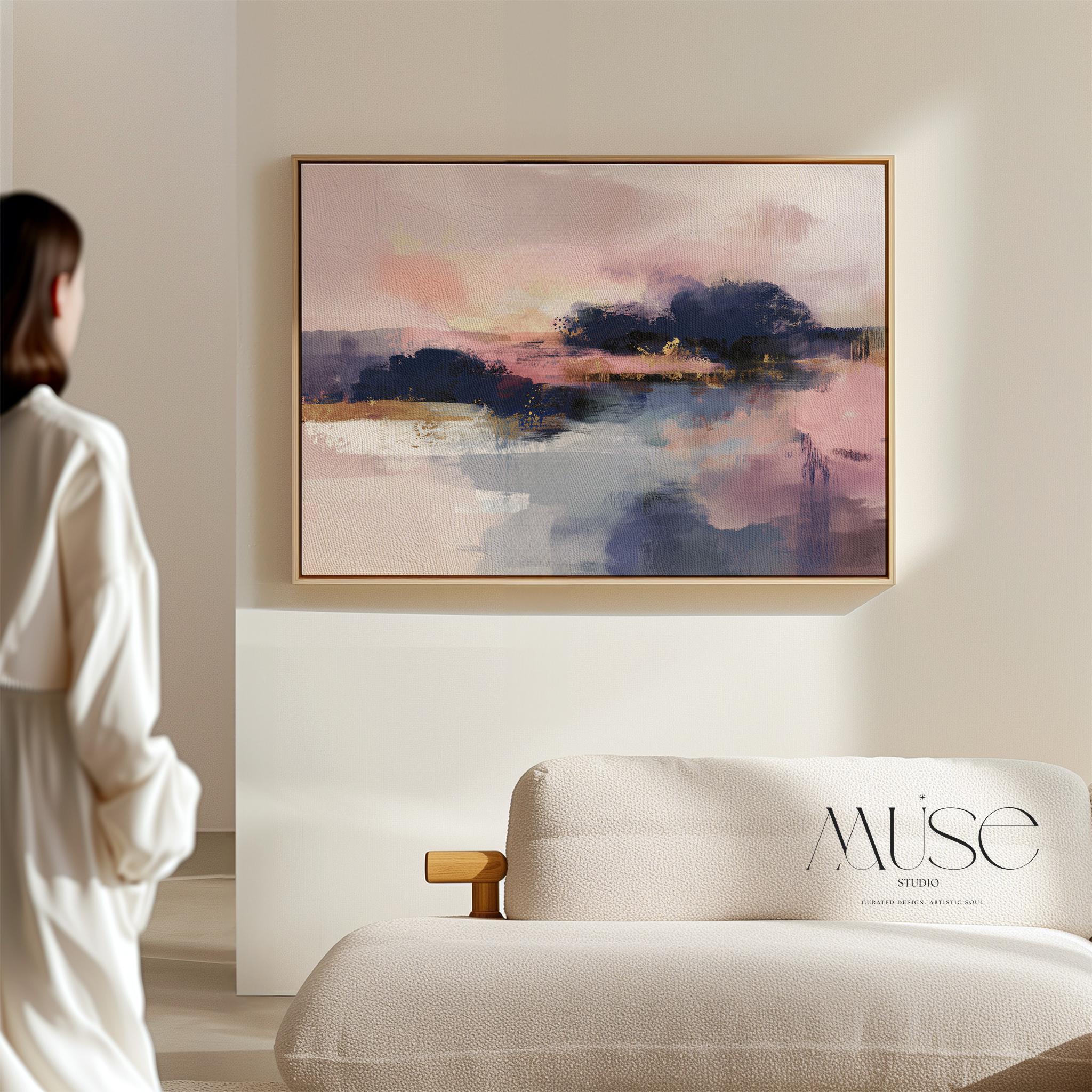 Blush Navy Abstract Canvas Wall Art, Extra Large Horizontal Art for Bedroom or Office, Soft Contemporary Decor Framed Statement Art 515