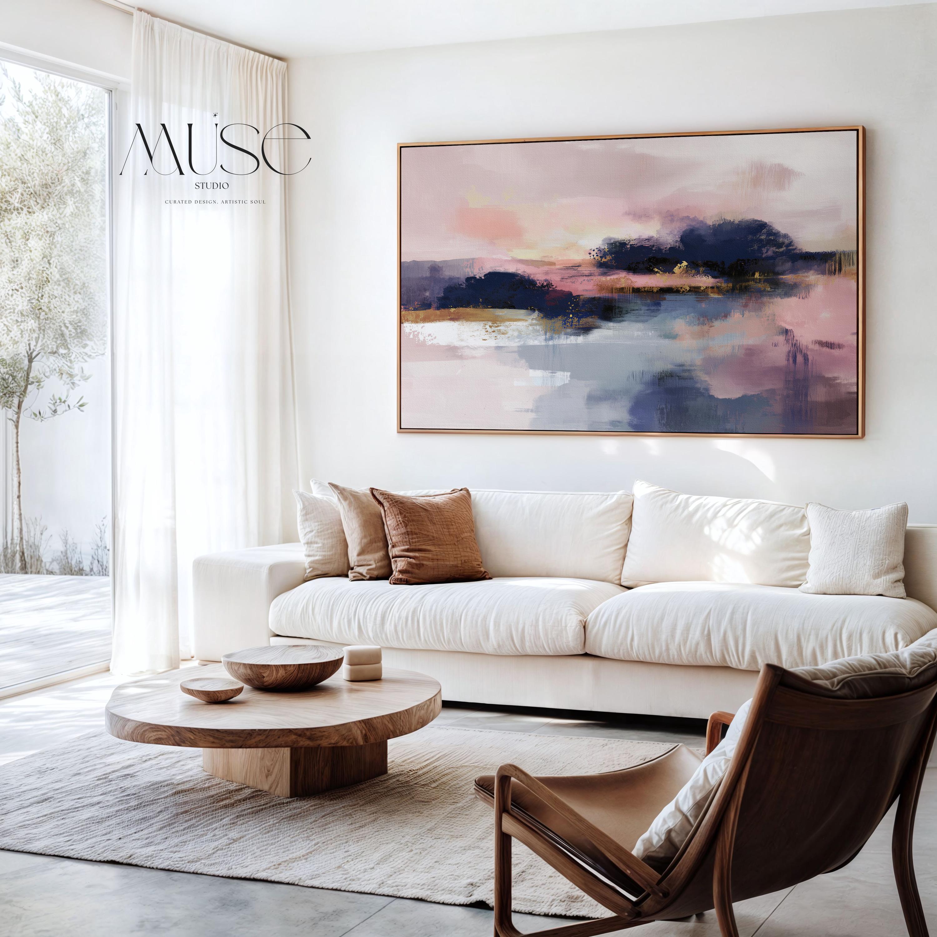 Horizontal abstract canvas wall art in blush pink, deep navy, and soft lavender gray. Dreamy brushwork and layered tones create a romantic and modern feel. Ideal for soft contemporary bedrooms, transitional office decor, or above-bed statement art. Offered as a gallery-wrapped canvas or floating framed canvas in extra-large horizontal sizes.